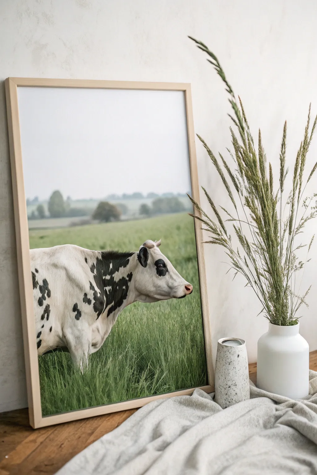 Embrace pastoral elegance with this serene Scandinavian cow print.