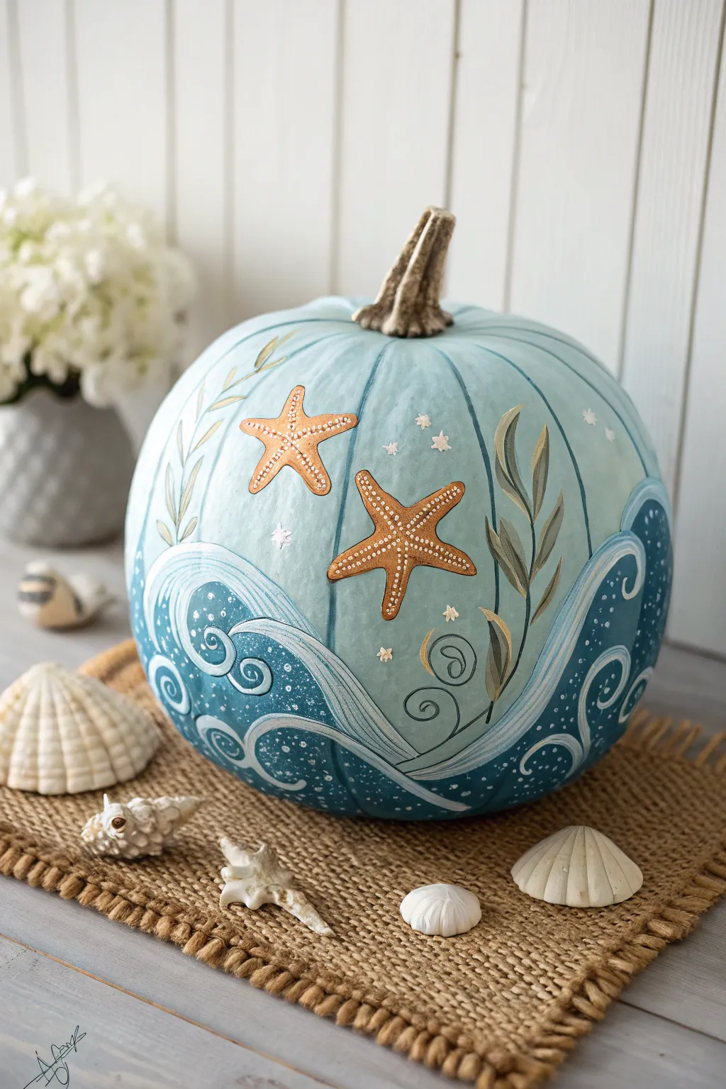 Bring the ocean's tranquility to your autumn decor with a beautifully painted marine-themed pumpkin.