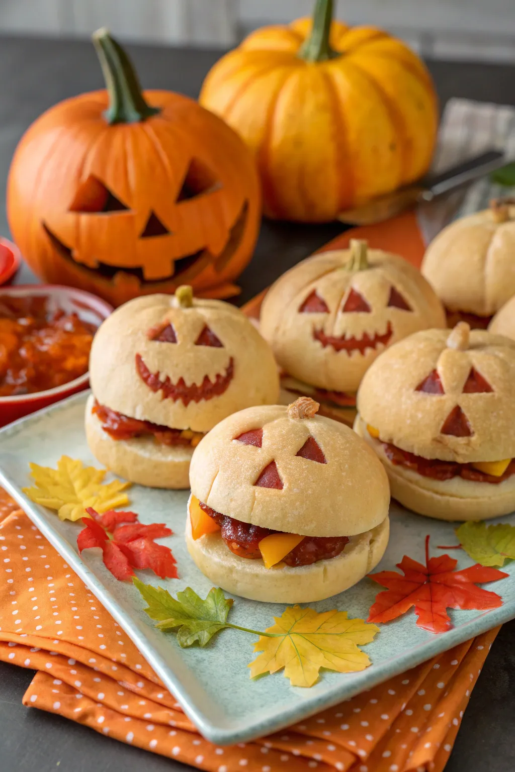 Jack-o'-lantern sandwiches that are a festive and flavorful snack option.