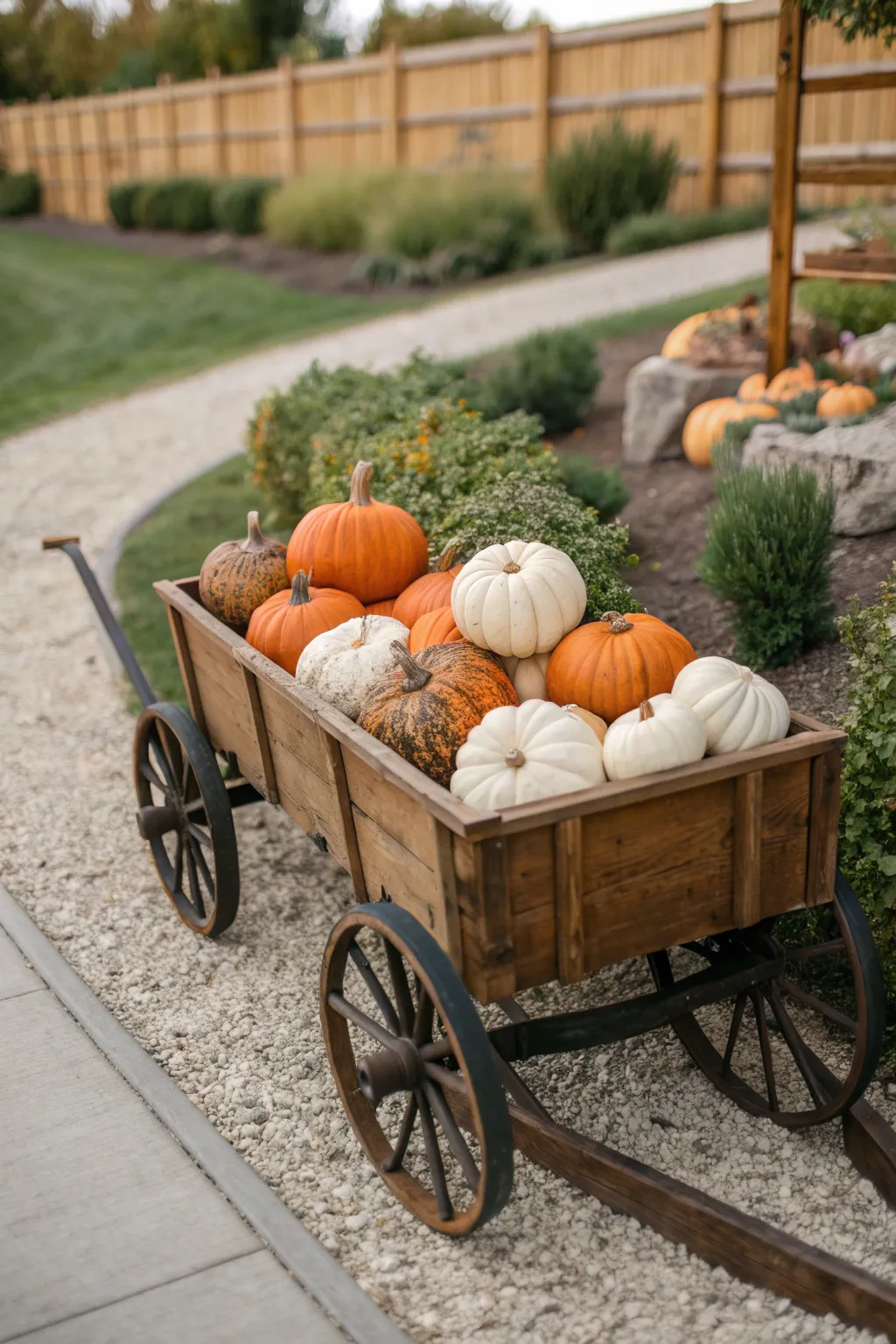 Embrace vintage charm with a pumpkin wagon display that brings warmth and simplicity to your autumn decor.