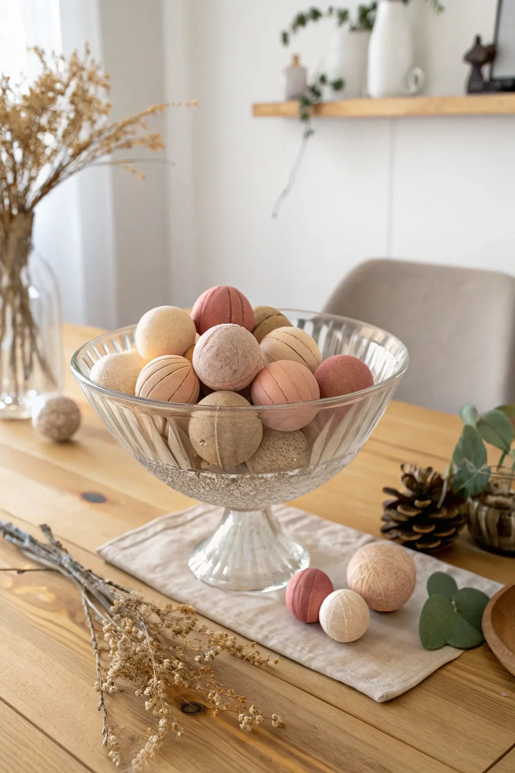 Transform your space with a chic punch bowl centerpiece, effortlessly blending Scandinavian minimalism with boho charm.