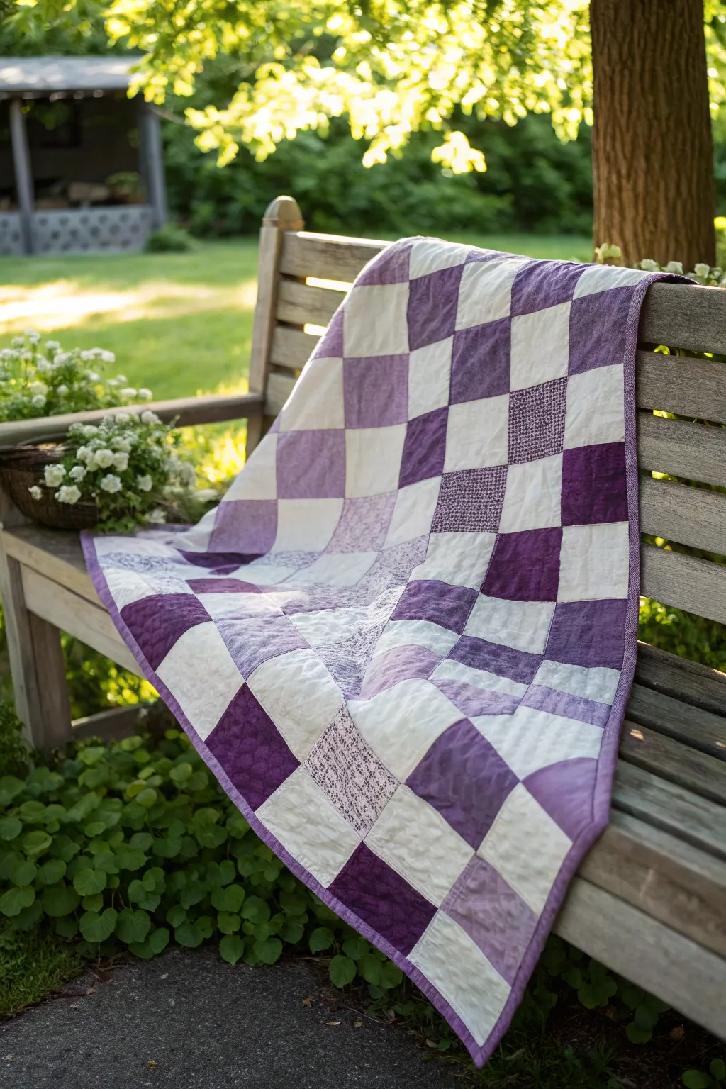 Embrace timeless elegance with this purple checkerboard quilt, perfect for adding a touch of charm to any setting.