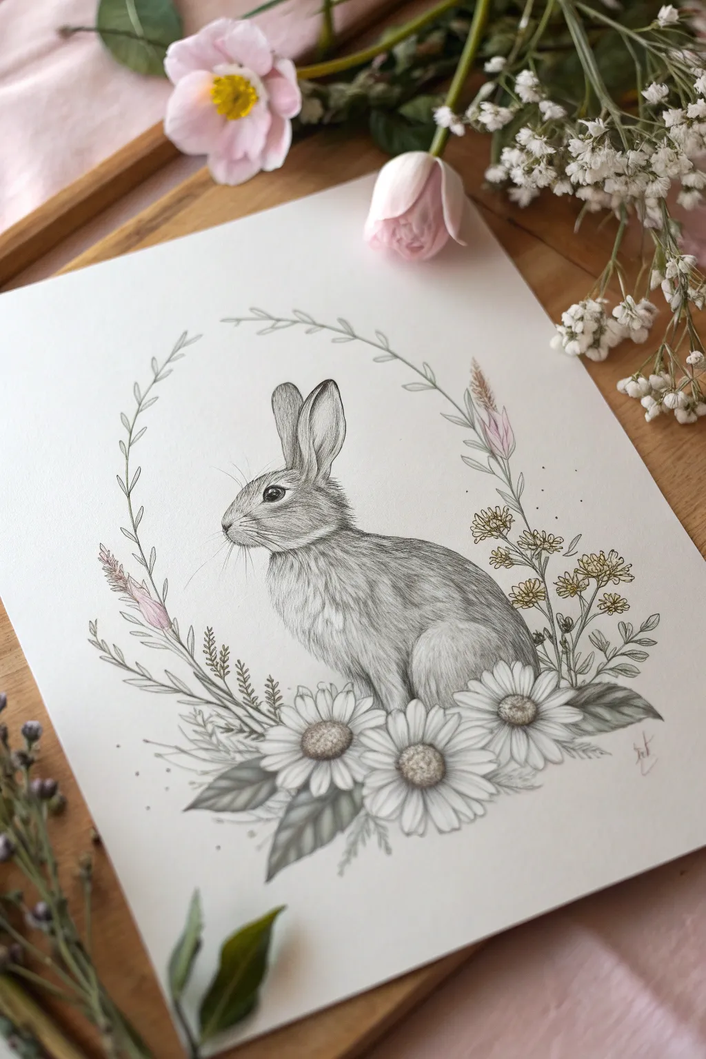 Discover the charm of nature with this enchanting rabbit and floral illustration.