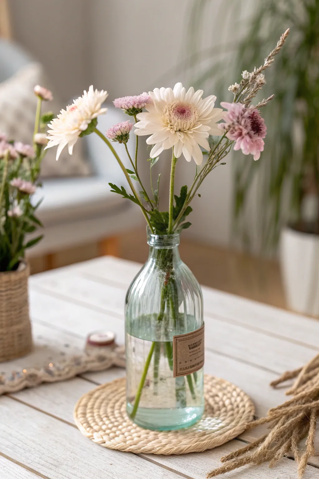 Transform your space with minimalist charm: repurpose glass bottles into chic vases for a touch of natural elegance.