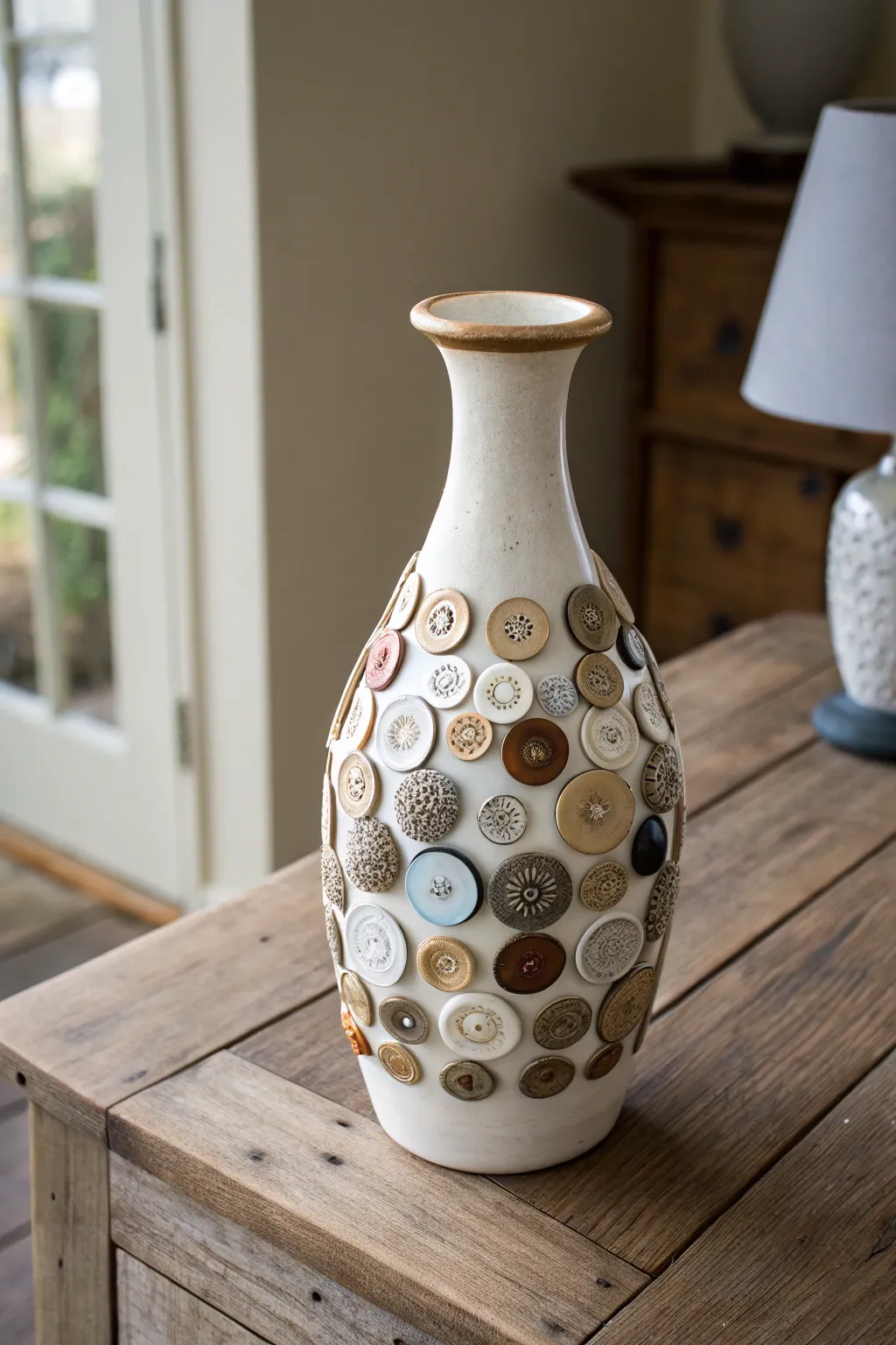 Transform your old vase into a charming centerpiece with a touch of button magic.