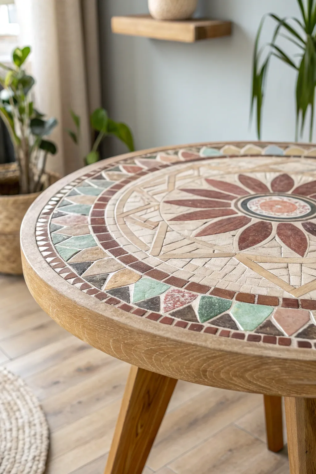 Transform your dining space into a mosaic masterpiece with recycled tiles. Embrace simplicity and natural beauty.