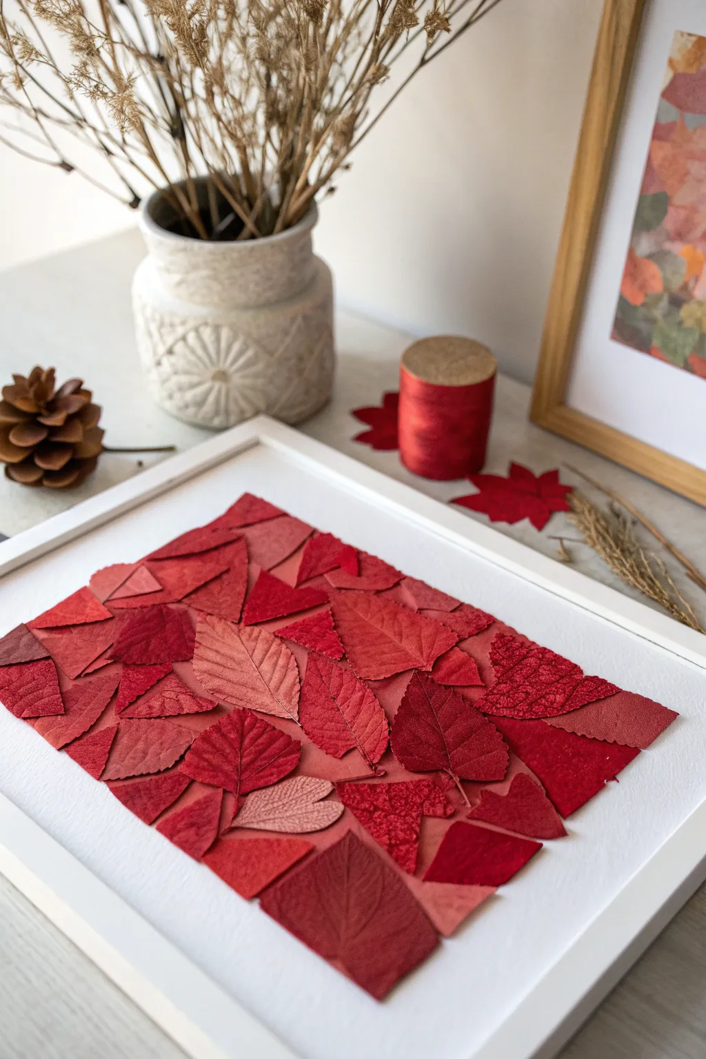 Embrace simplicity and creativity with this stunning red paper collage, where craftsmanship meets minimalist elegance.
