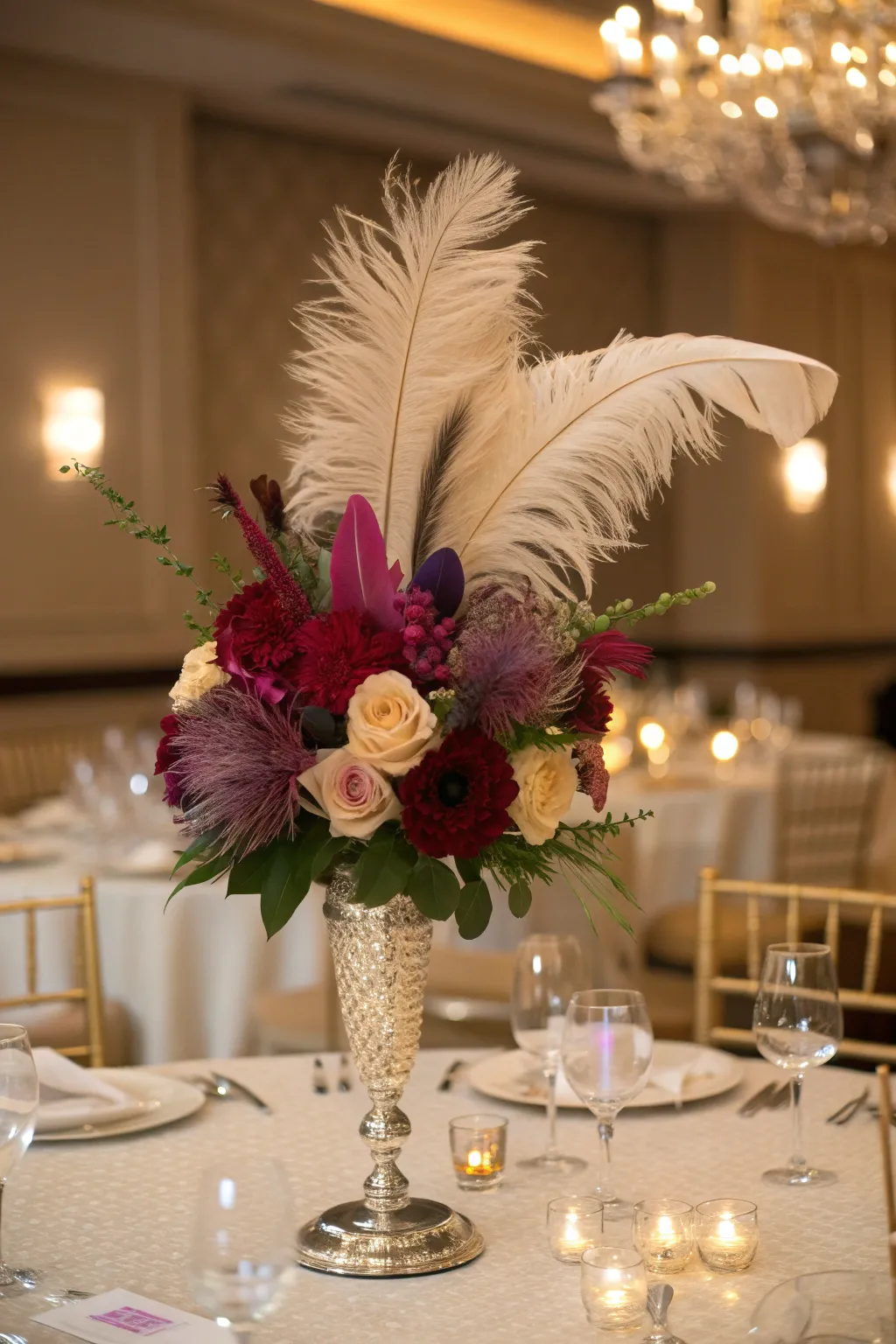 Feathers and flowers come together to create a whimsical and bold centerpiece, perfect for the adventurous decorator.