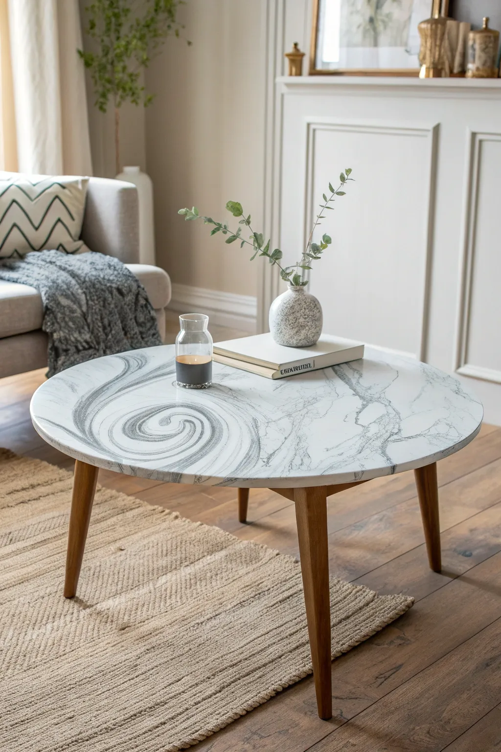 Transform your coffee table with a chic faux marble finish for a touch of luxury.
