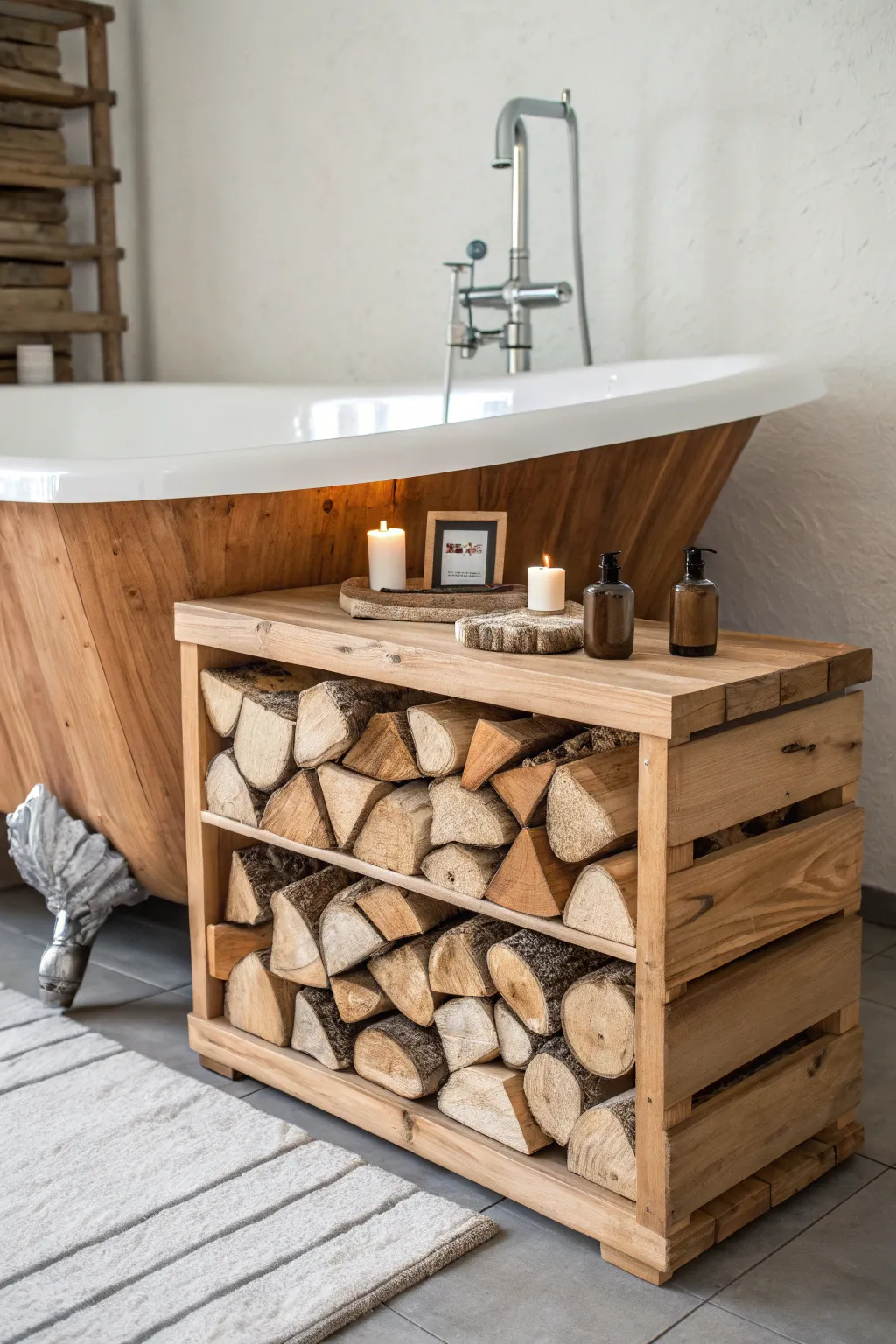 Transform your old hot tub into a stylish wood storage solution that blends Scandinavian minimalism with Boho charm.
