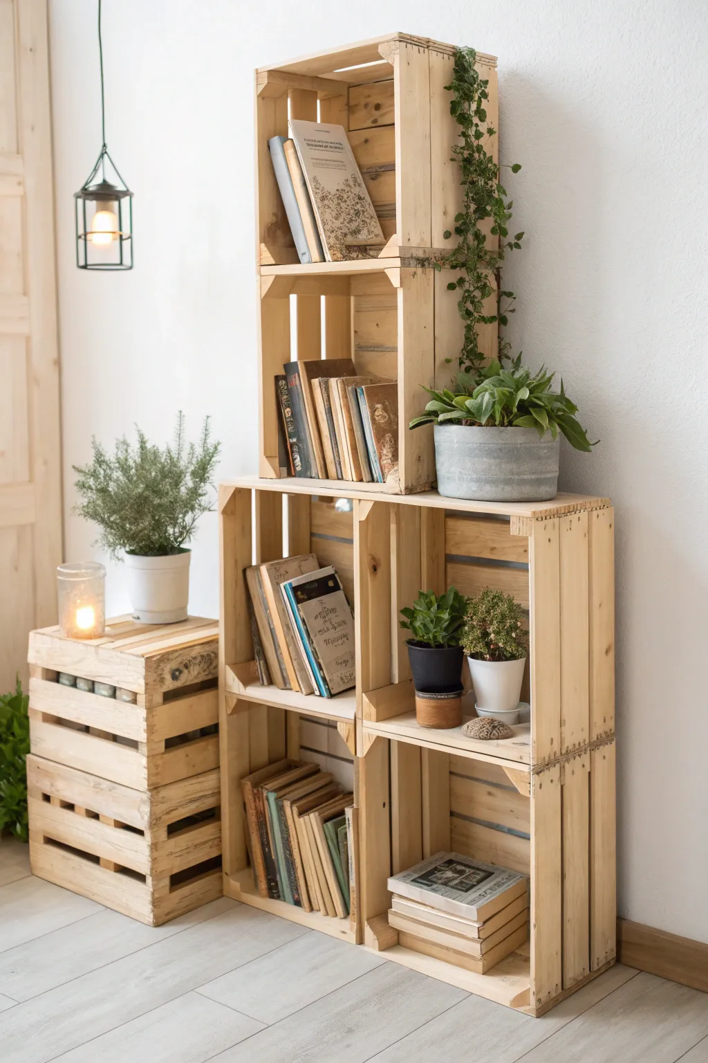 Transform your space with the natural beauty of repurposed wooden crates as chic bookshelves. #DIYDecor #ScandinavianStyle #BohoCharm
