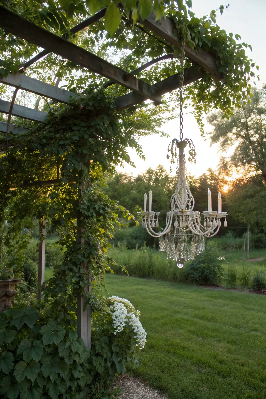 Transform your garden with a stunning trellis chandelier, where elegance meets nature.
