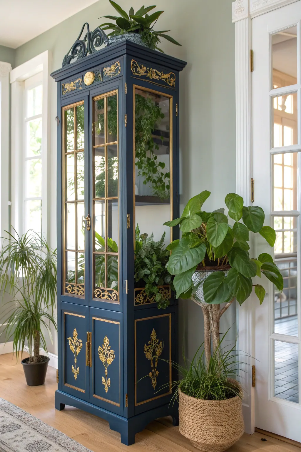 Elevate your greenery with this striking French door plant stand, where craftsmanship meets nature.