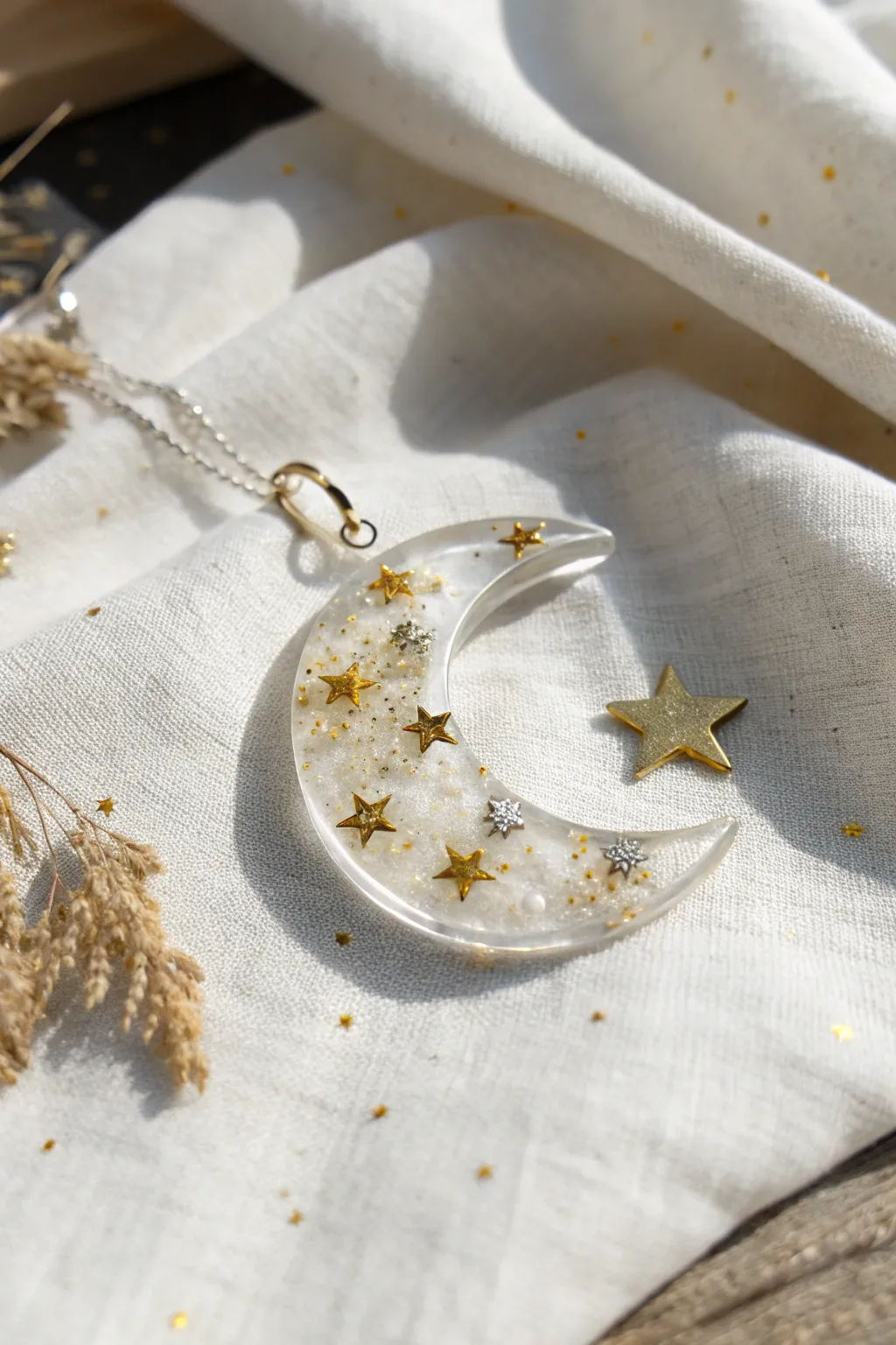 Embrace the night sky with this handcrafted celestial resin charm, a perfect blend of Scandinavian simplicity and bohemian elegance.