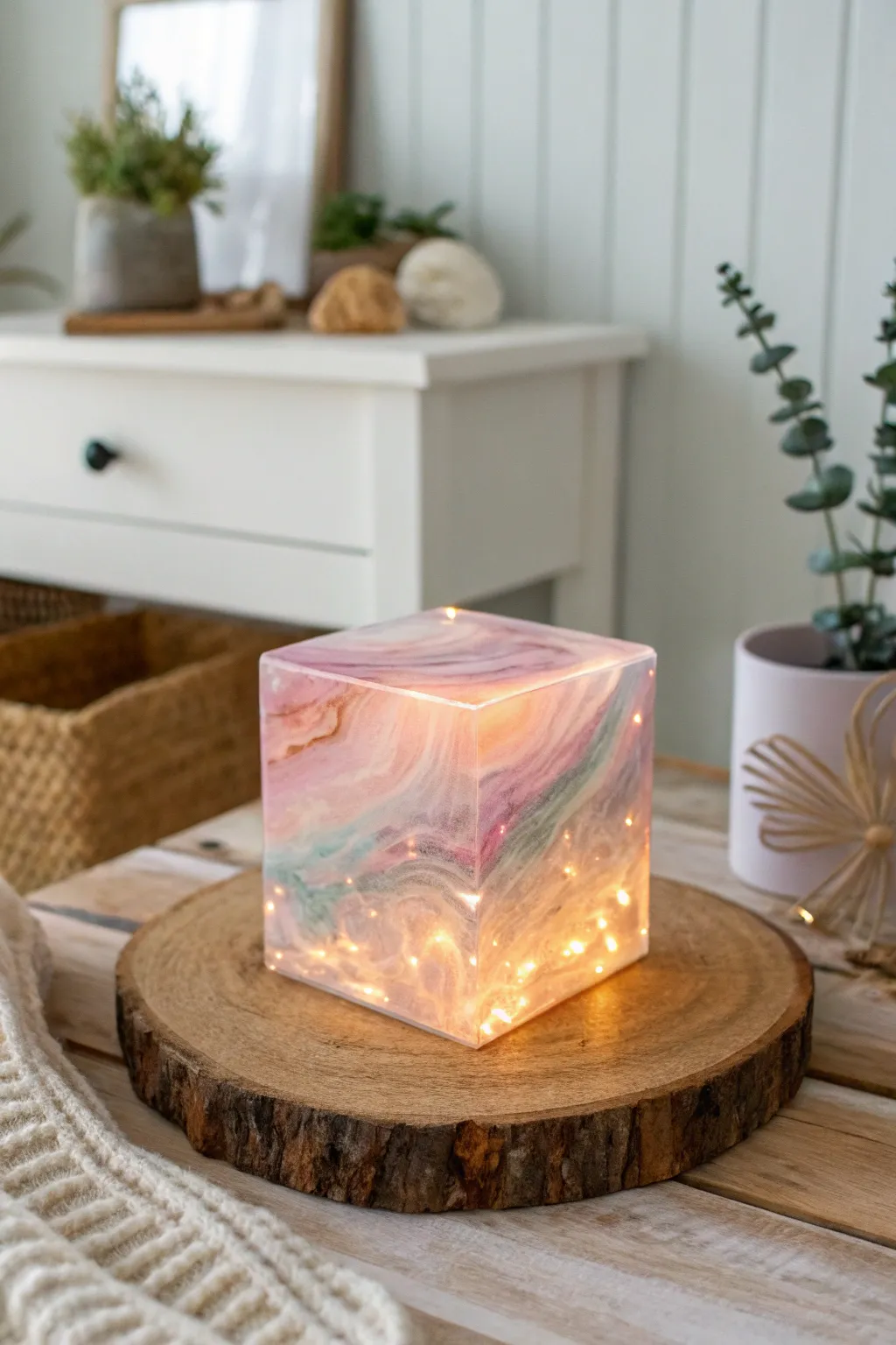 Illuminate your space with the enchanting glow of a handcrafted resin cube.
