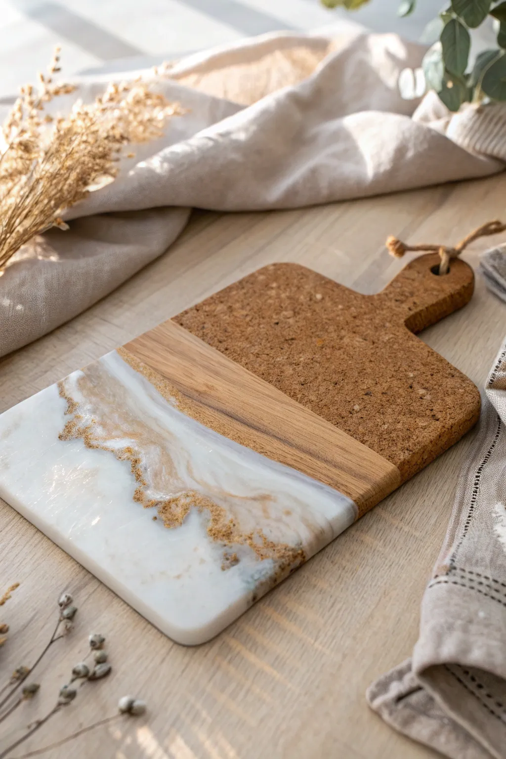 Discover the art of sustainable elegance with this chic cork and resin cutting board.