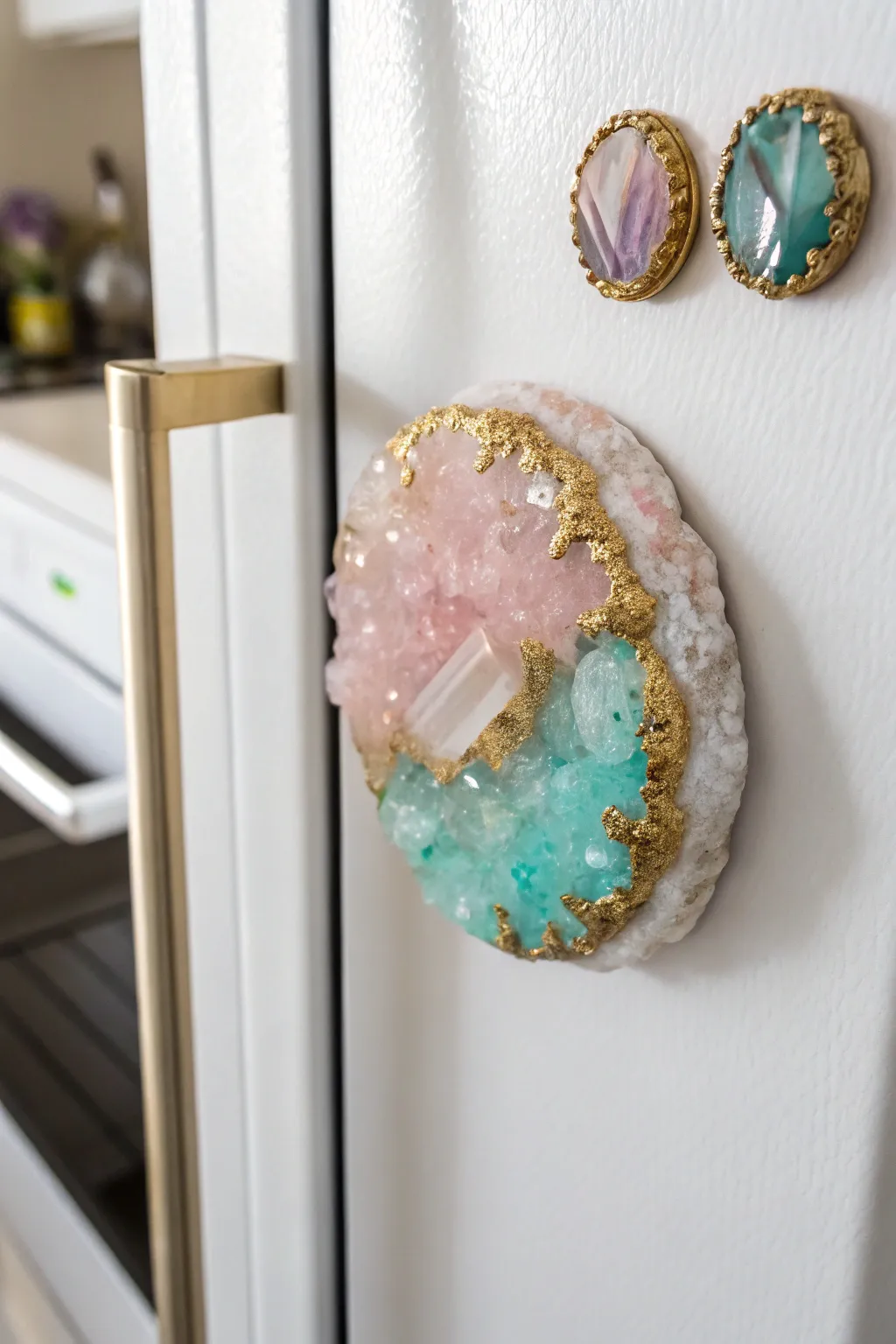 Transform your fridge into a gallery with stunning resin geode magnets.