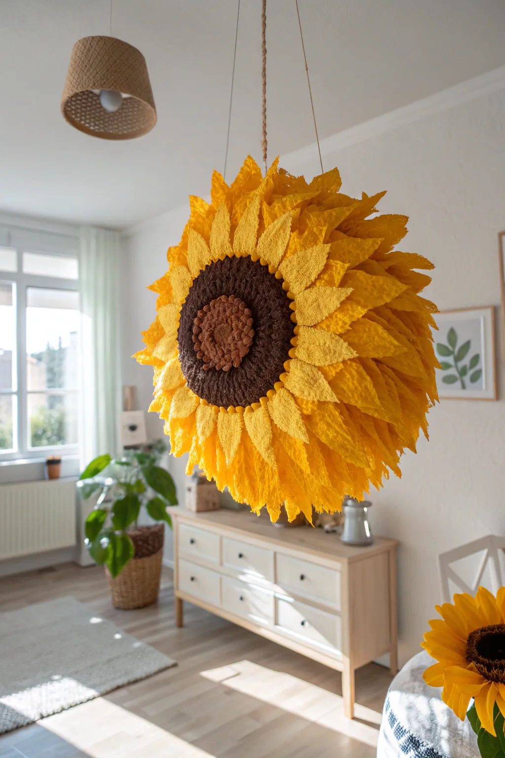 Bring sunshine indoors with a delightful sunflower piñata that blends nature-inspired beauty with minimalist elegance.