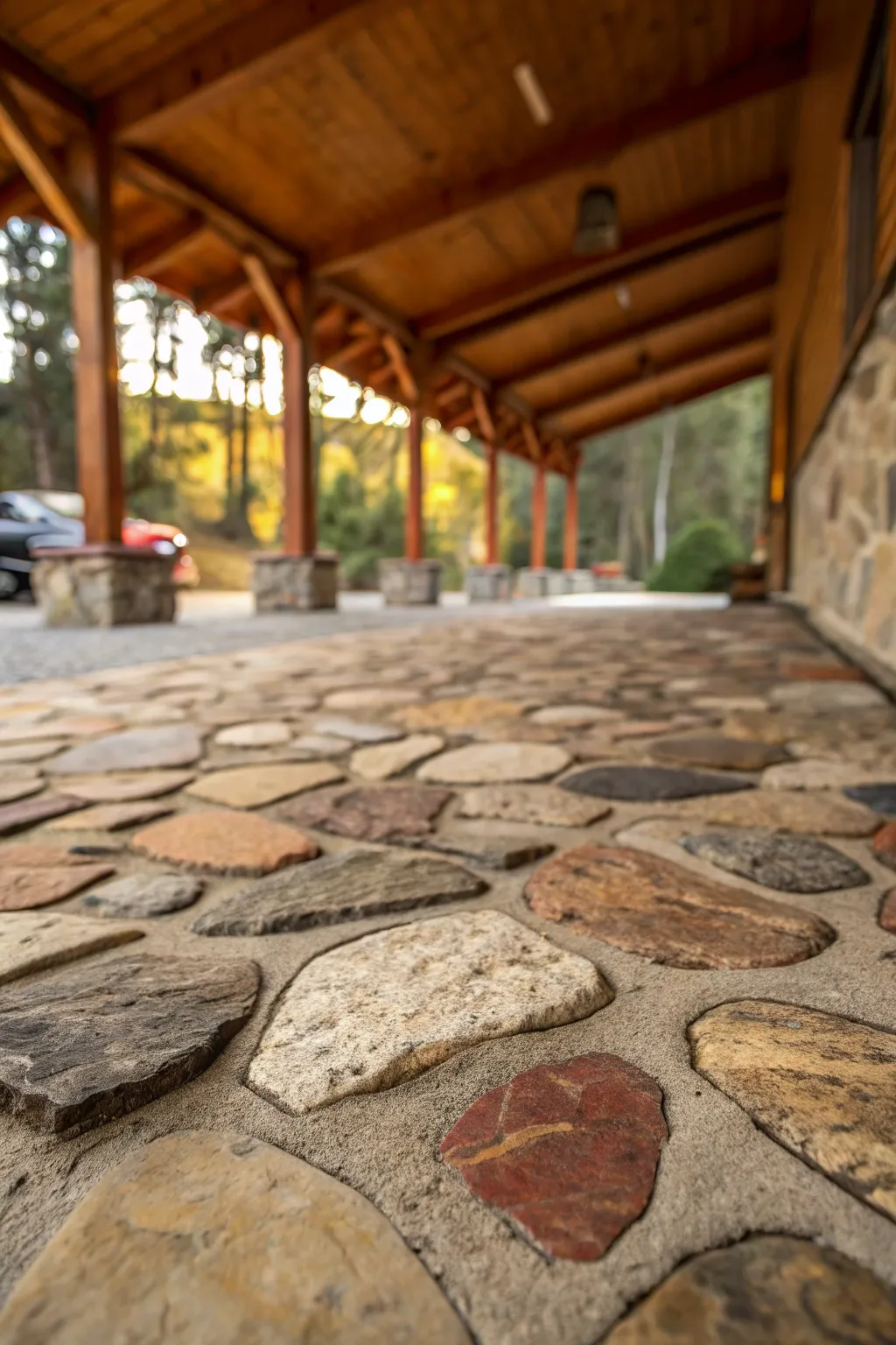 Elevate your carport with the timeless beauty of natural stone flooring.