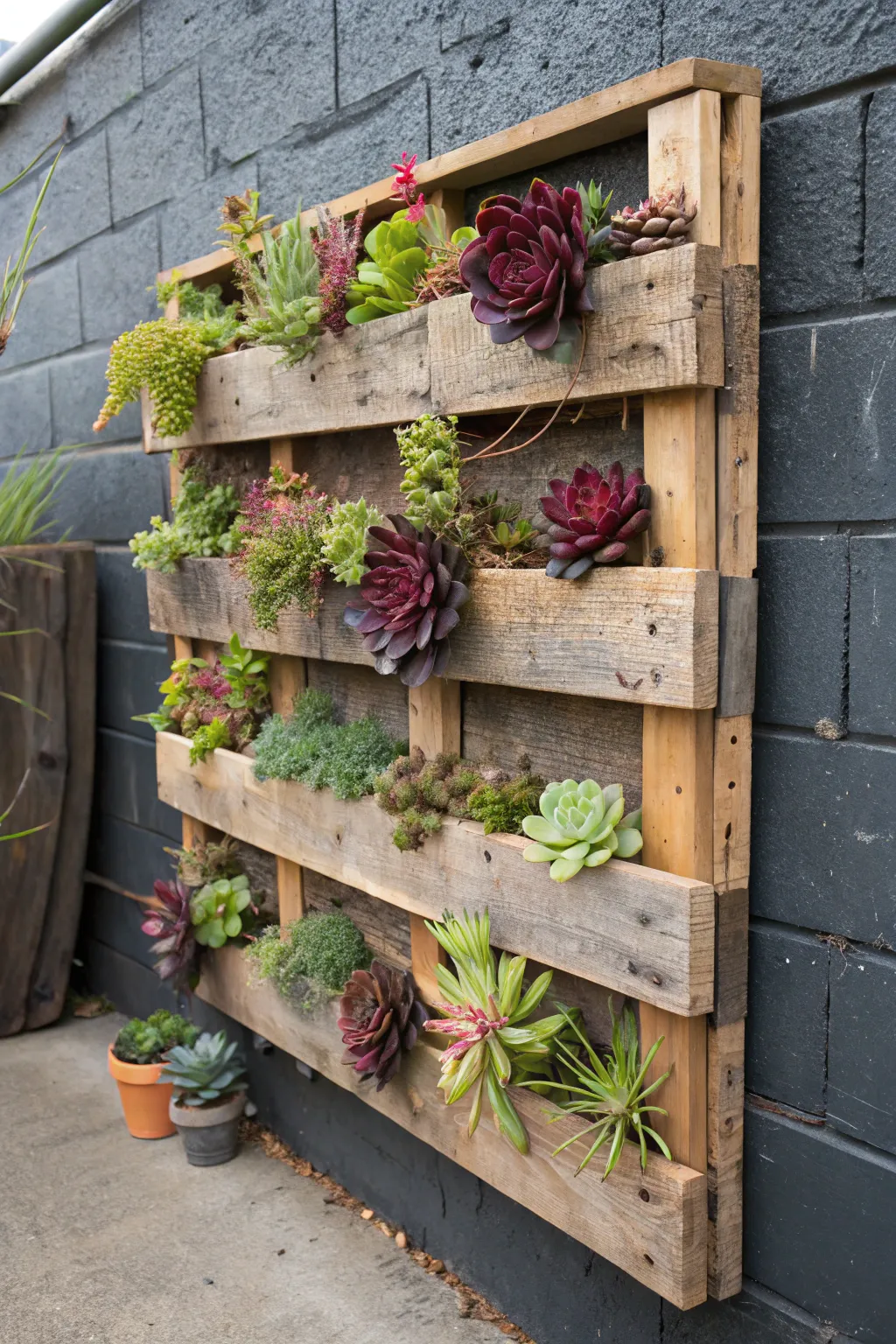 Transform your space with the rustic charm of pallet art and lush succulents.