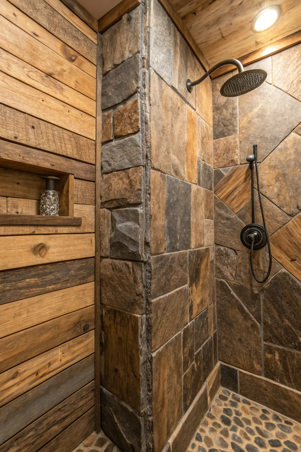 Embrace the art of contrast with mixed material magic in your rustic shower design.