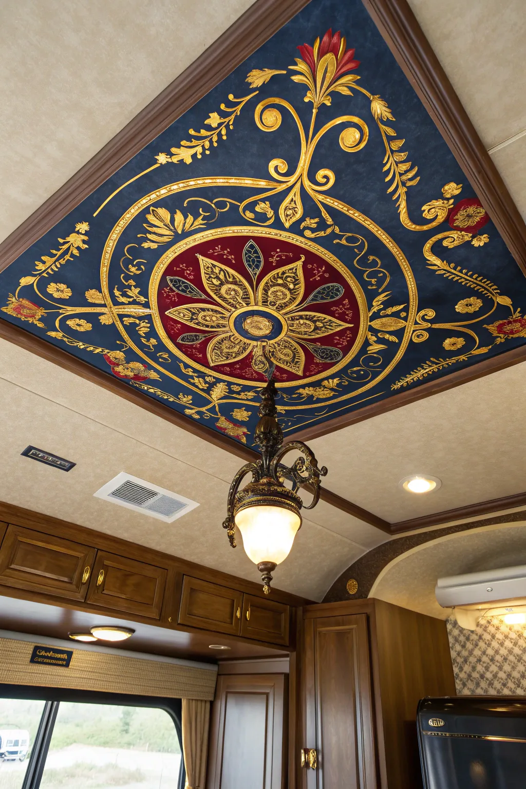 Elevate your RV's interior with custom ceiling medallions for a touch of timeless elegance.