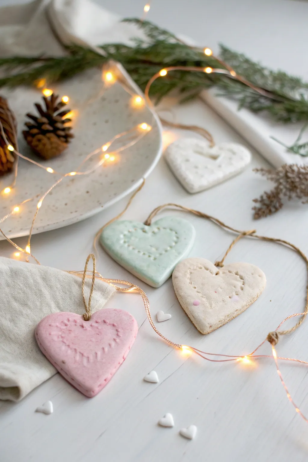 Enchant your space with a string of glowing salt dough hearts, where minimalist beauty meets magical charm.