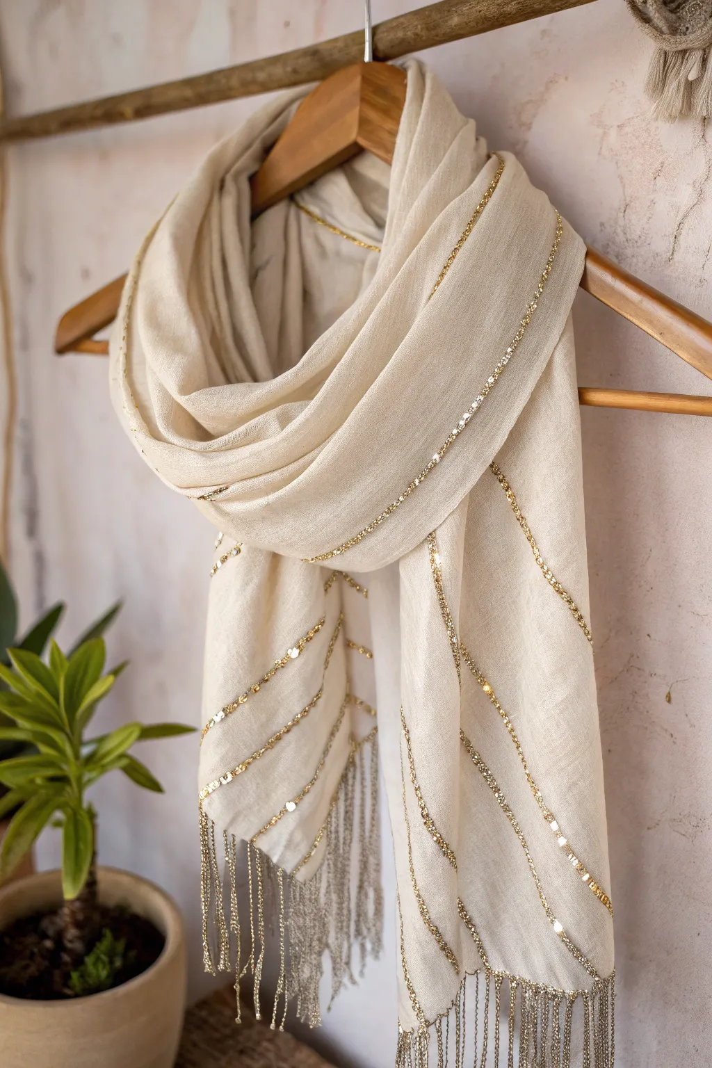 Elevate your evening style with a touch of metallic elegance. ✨ #ScarfFringe #BohoMinimalism