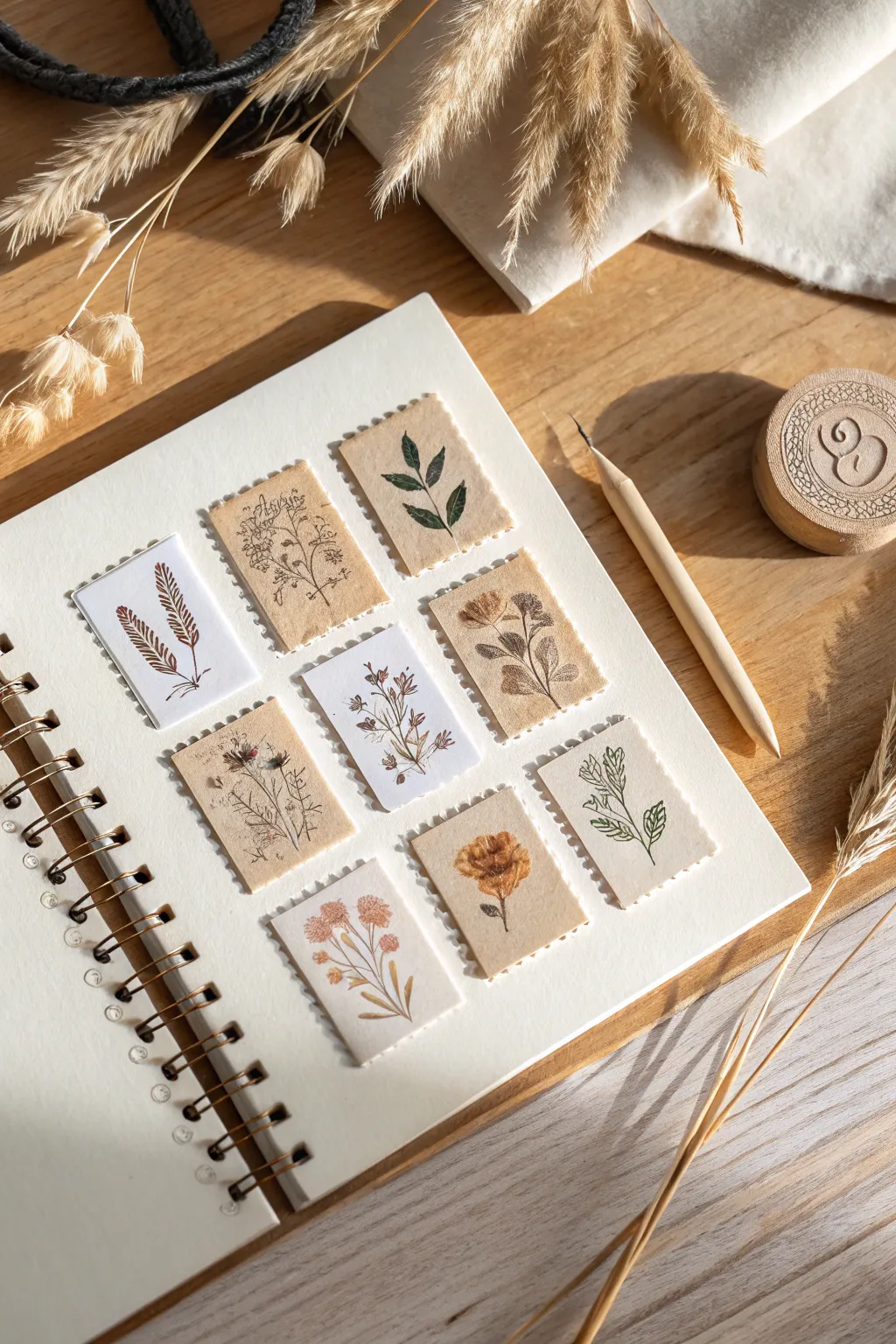 Crafting stories with stamps: a minimalist scrapbook masterpiece that captures the essence of simplicity and elegance.