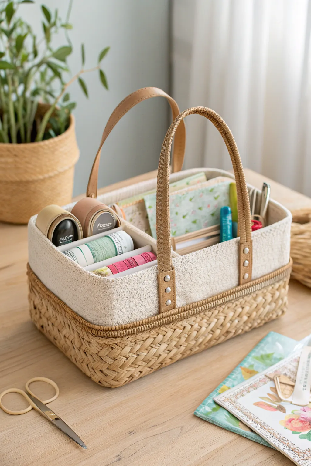 Organize your creative chaos effortlessly with this charming portable craft tote, perfect for crafting on the go.