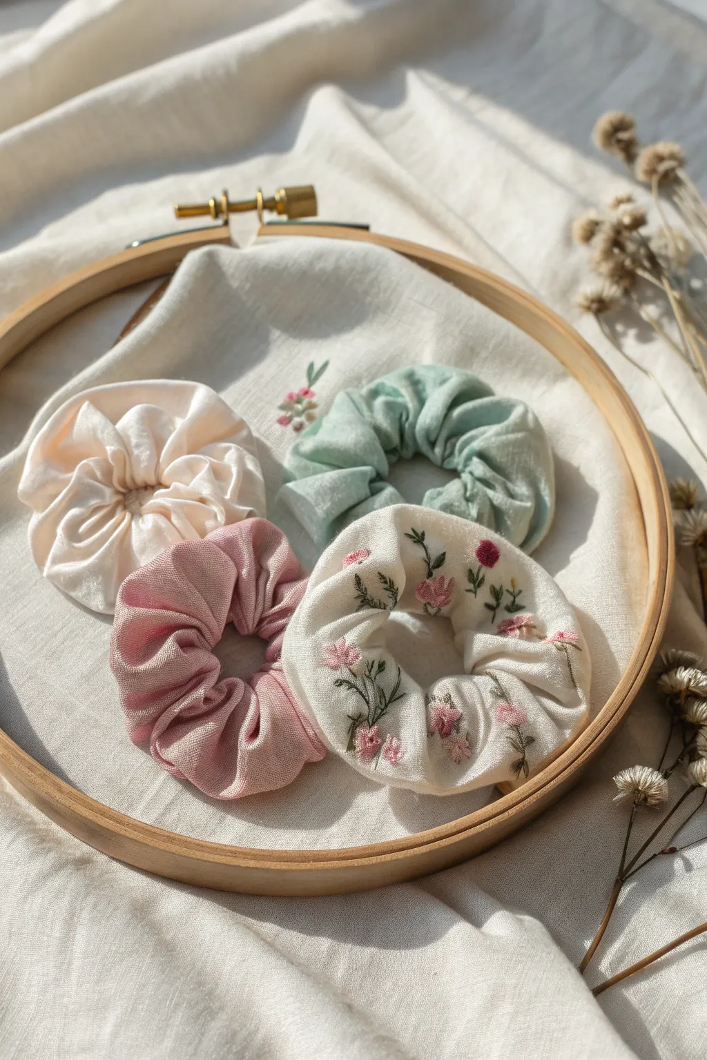 Transform your scrunchie collection into a stylish display with this charming embroidery hoop holder.