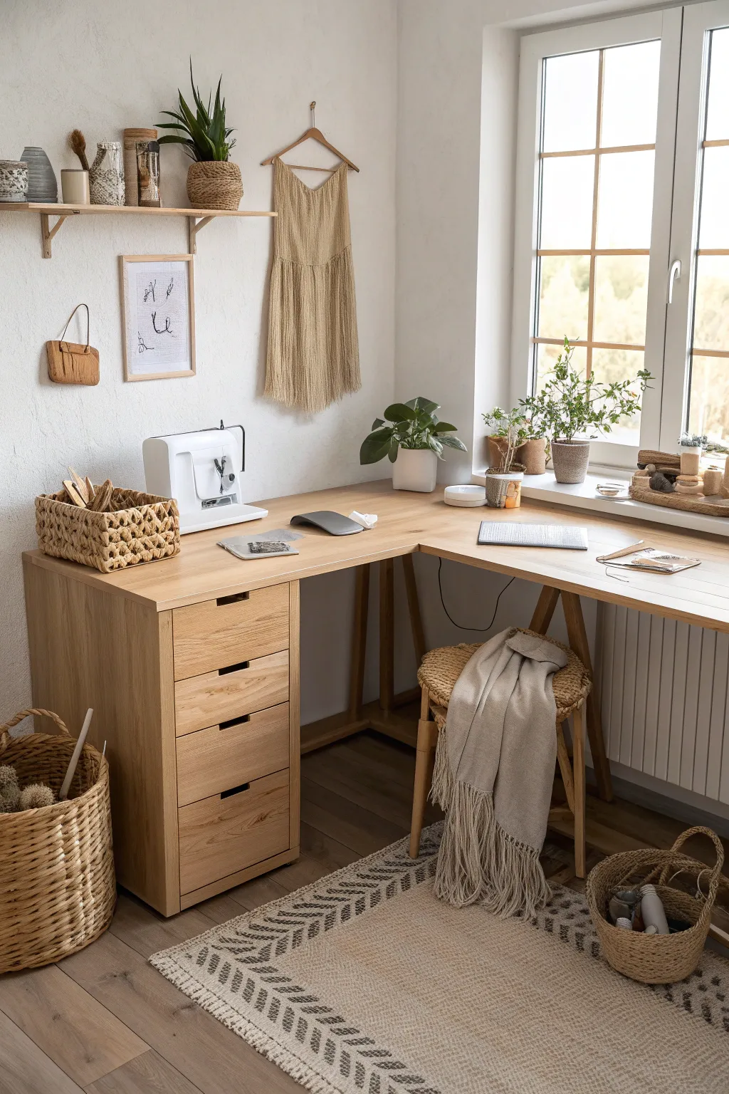 Embrace simplicity and functionality with this stunning L-shaped desk, perfect for your creative sewing space.