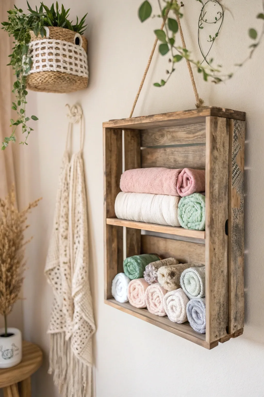 Transform your sewing space with eco-friendly charm using repurposed wooden crates as stylish shelves. 🌿✨ #SewingRoomMagic #EcoChicDecor
