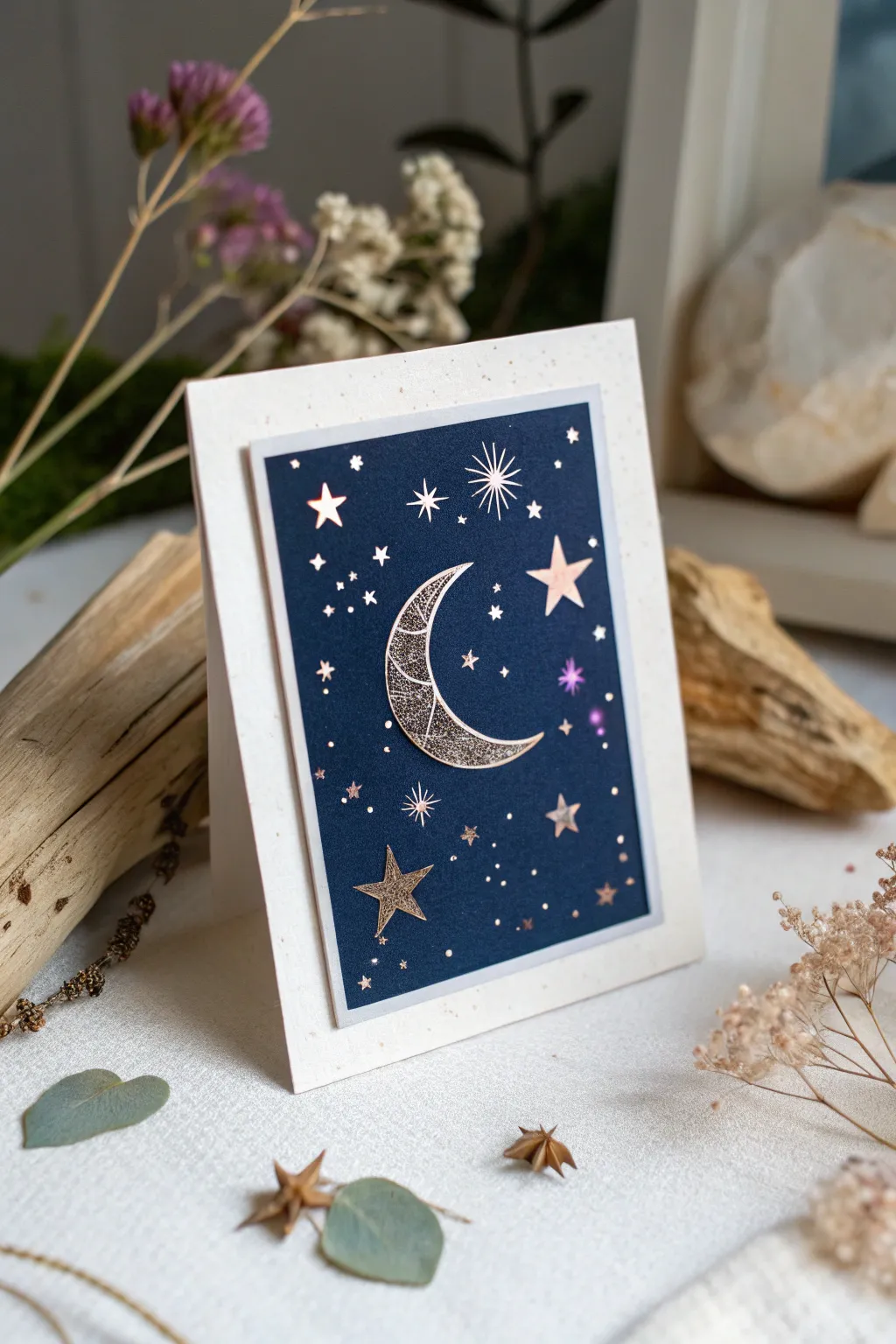 Embrace the magic of the night sky with this beautifully crafted celestial shaker card, where simplicity meets cosmic elegance.