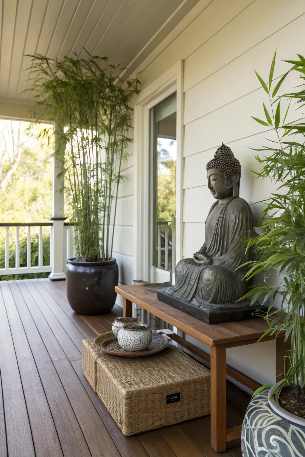 A Zen corner offers peace and balance on the porch.