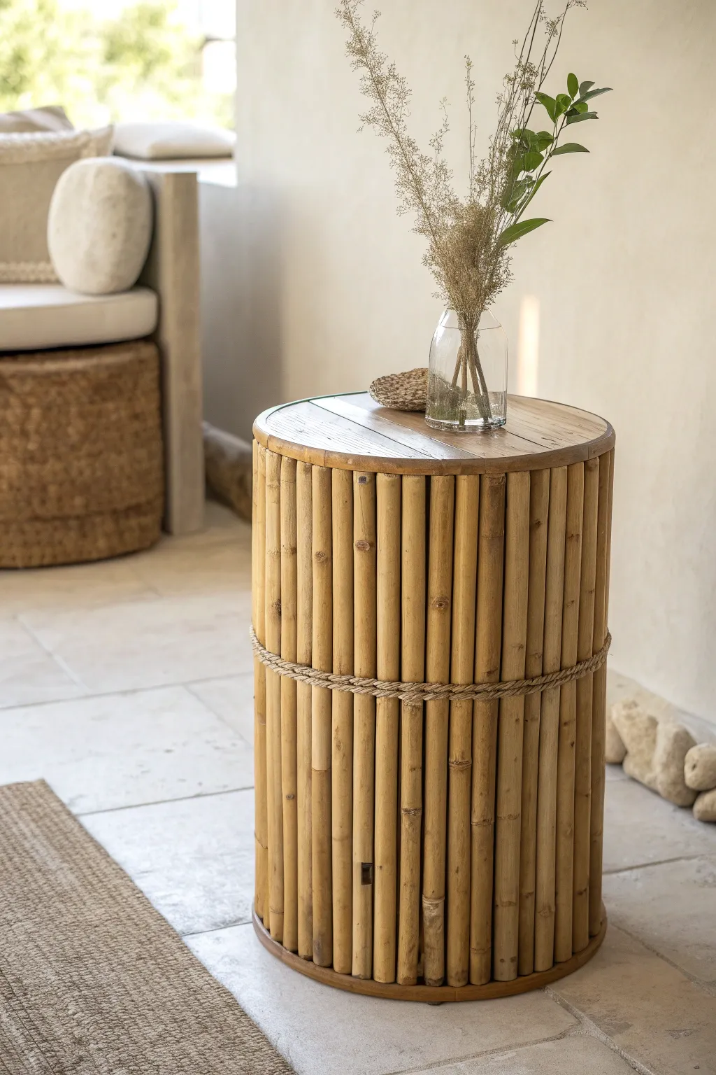 Elevate your space with the elegant simplicity of a handcrafted bamboo pole table. #ScandiBoho #SustainableStyle