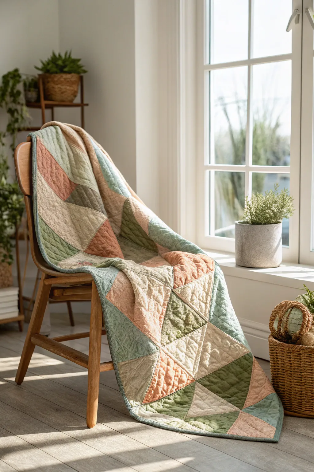 Embrace nature's palette with this calming quilt, a perfect blend of earthy tones and pastel serenity.