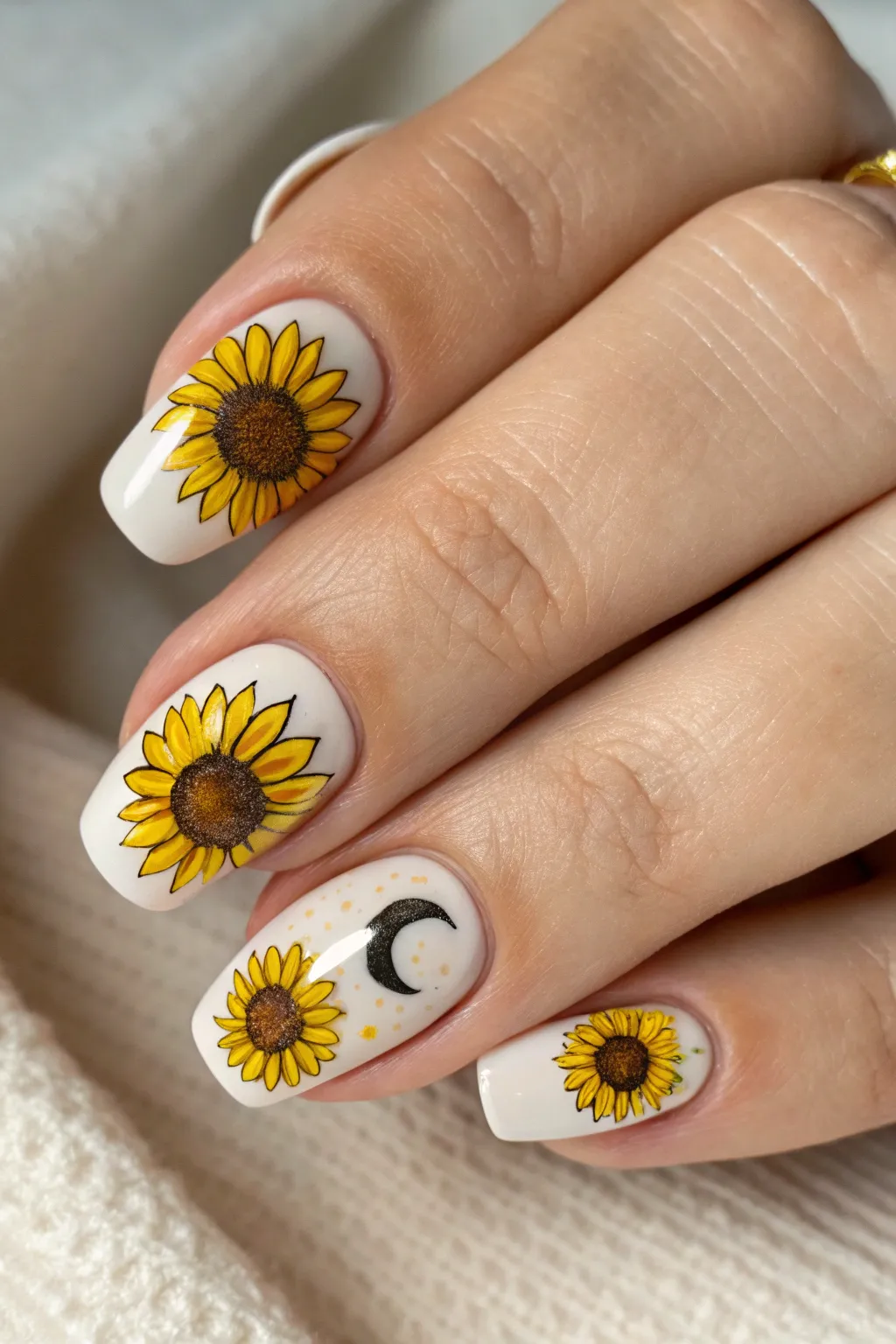Embrace timeless elegance with sunflower half-moon nails—a playful nod to classic nail art with a boho twist!