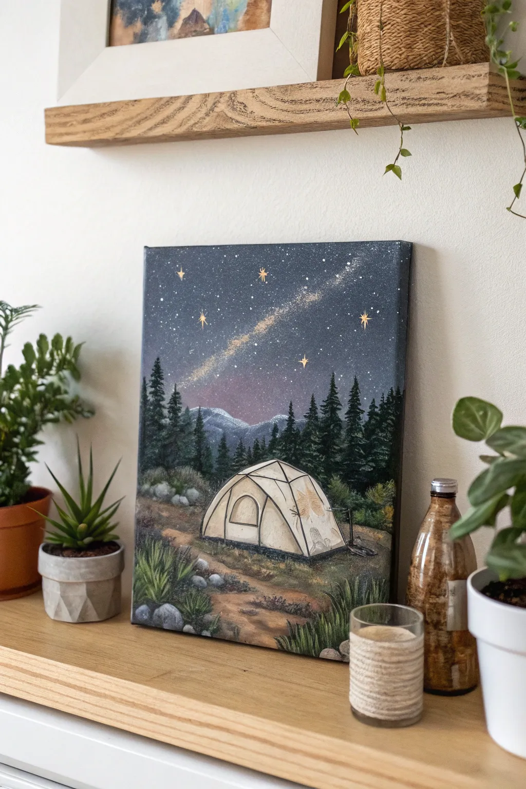 Escape to a starry night campsite with this enchanting acrylic painting, perfect for minimalist and Boho decor lovers.