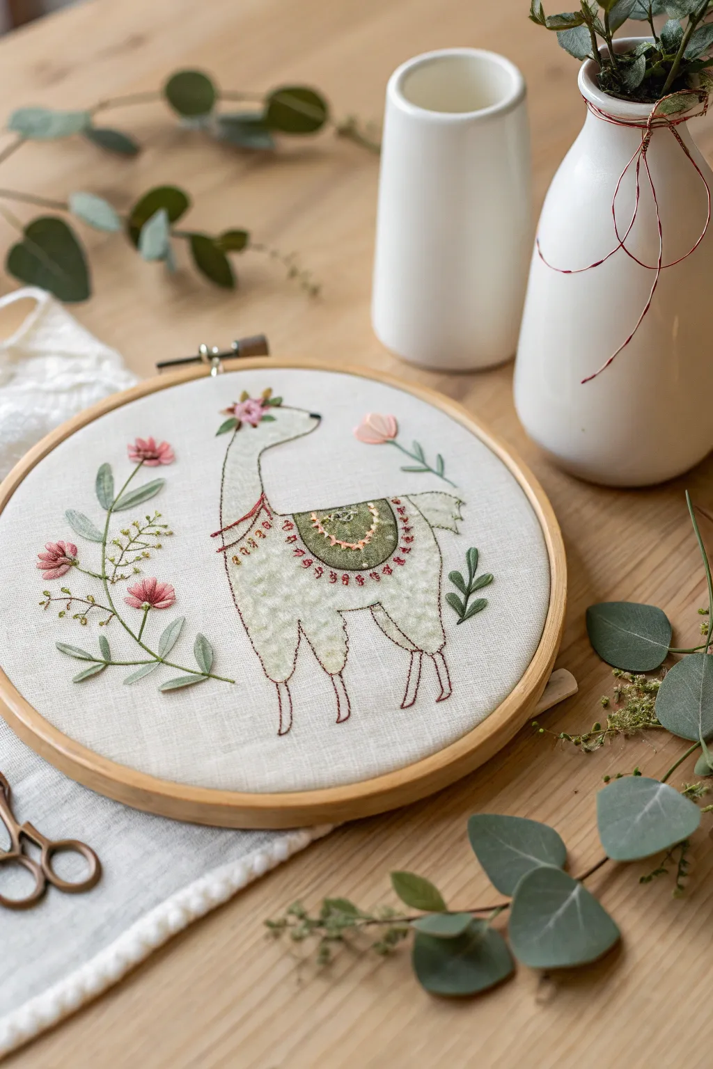 Add a touch of whimsy to your decor with minimalist embroidered llamas. Perfect for a playful, handcrafted vibe.
