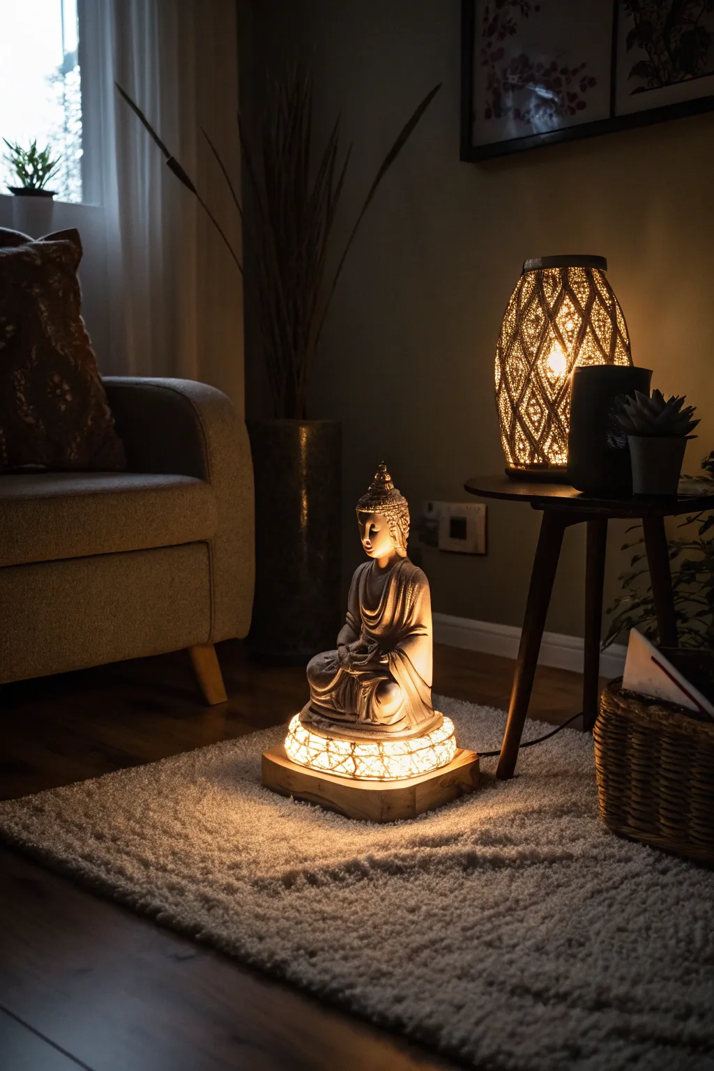 An illuminated sculpture creates a warm glow in a living room.