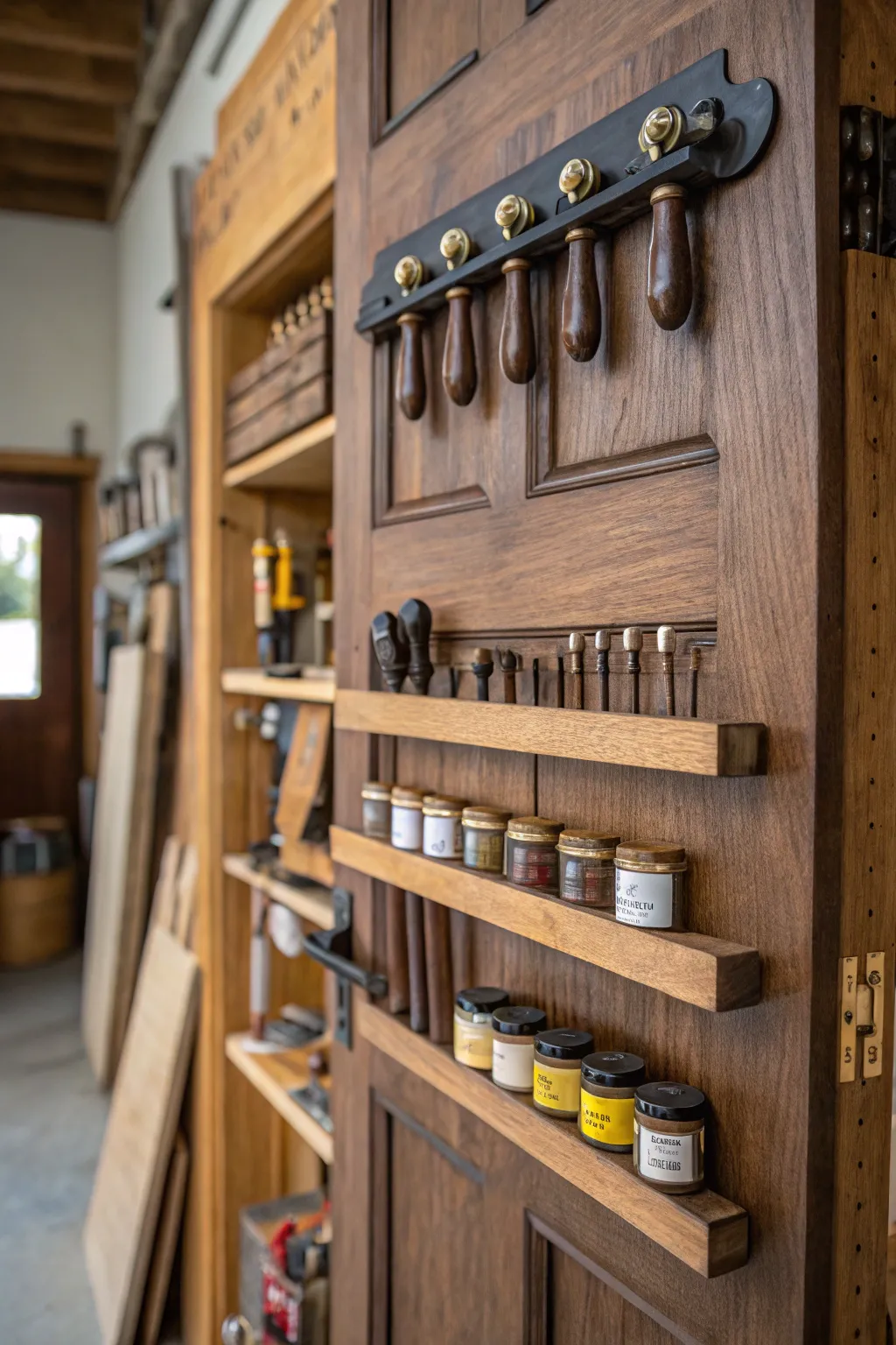 Maximize your workshop's potential with stylish door-mounted storage solutions.