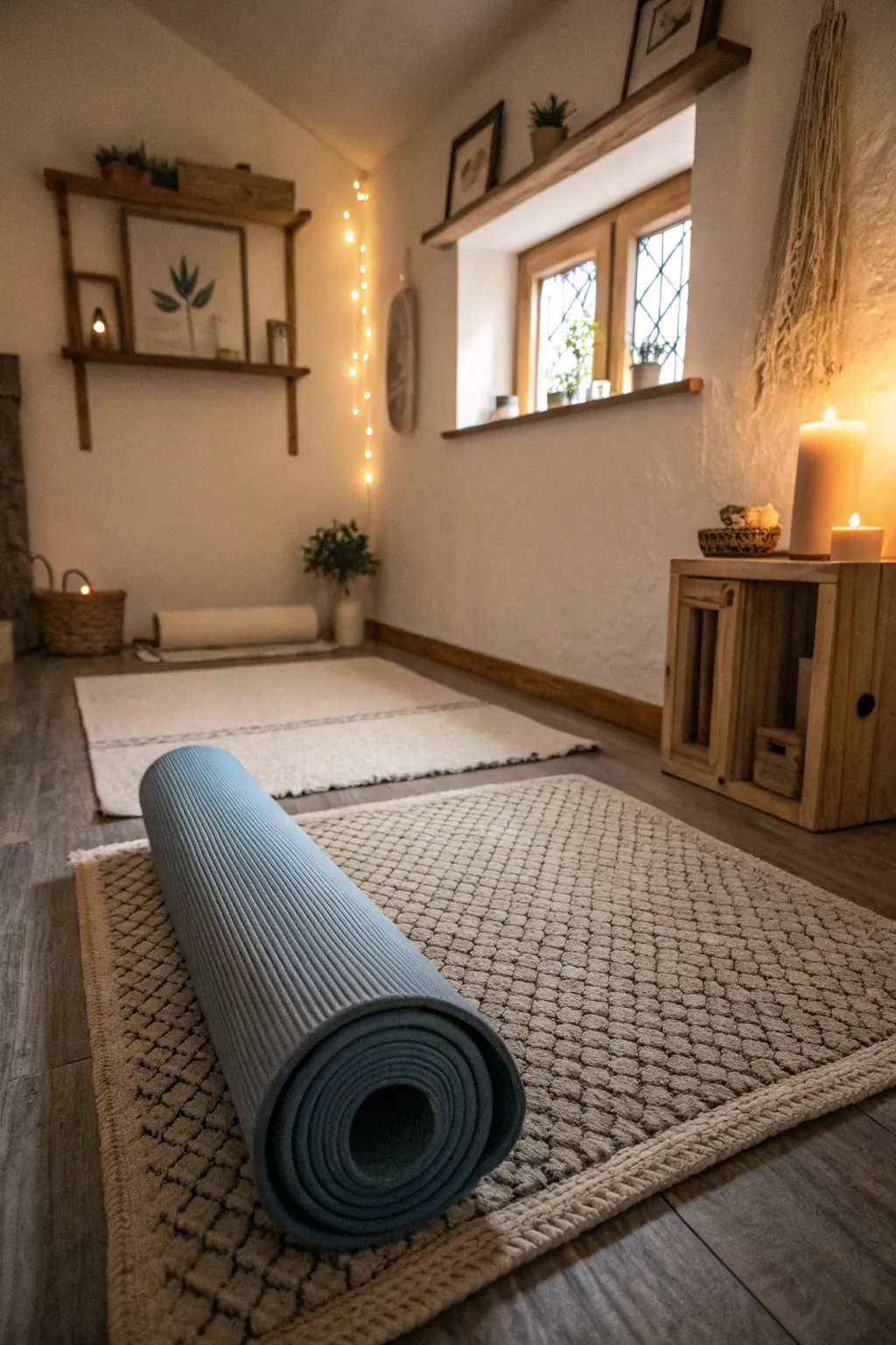 A textured rug adds comfort and warmth to the yoga room.