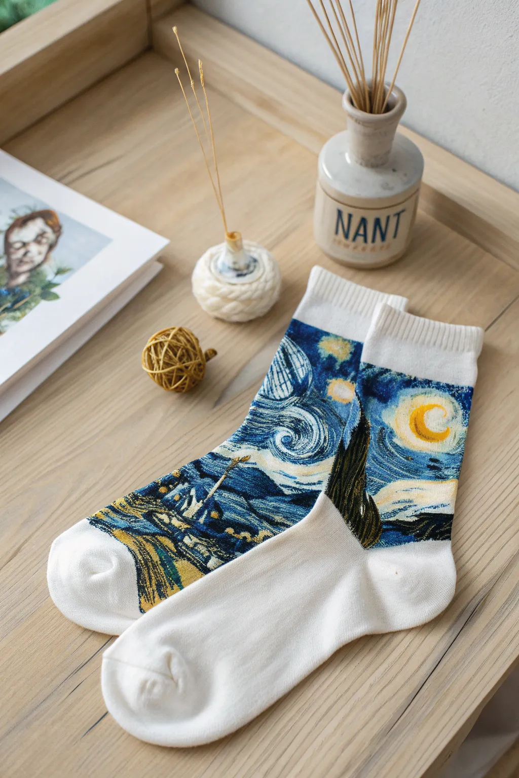 Step into a masterpiece with these hand-painted Van Gogh-inspired socks, where art meets everyday elegance.