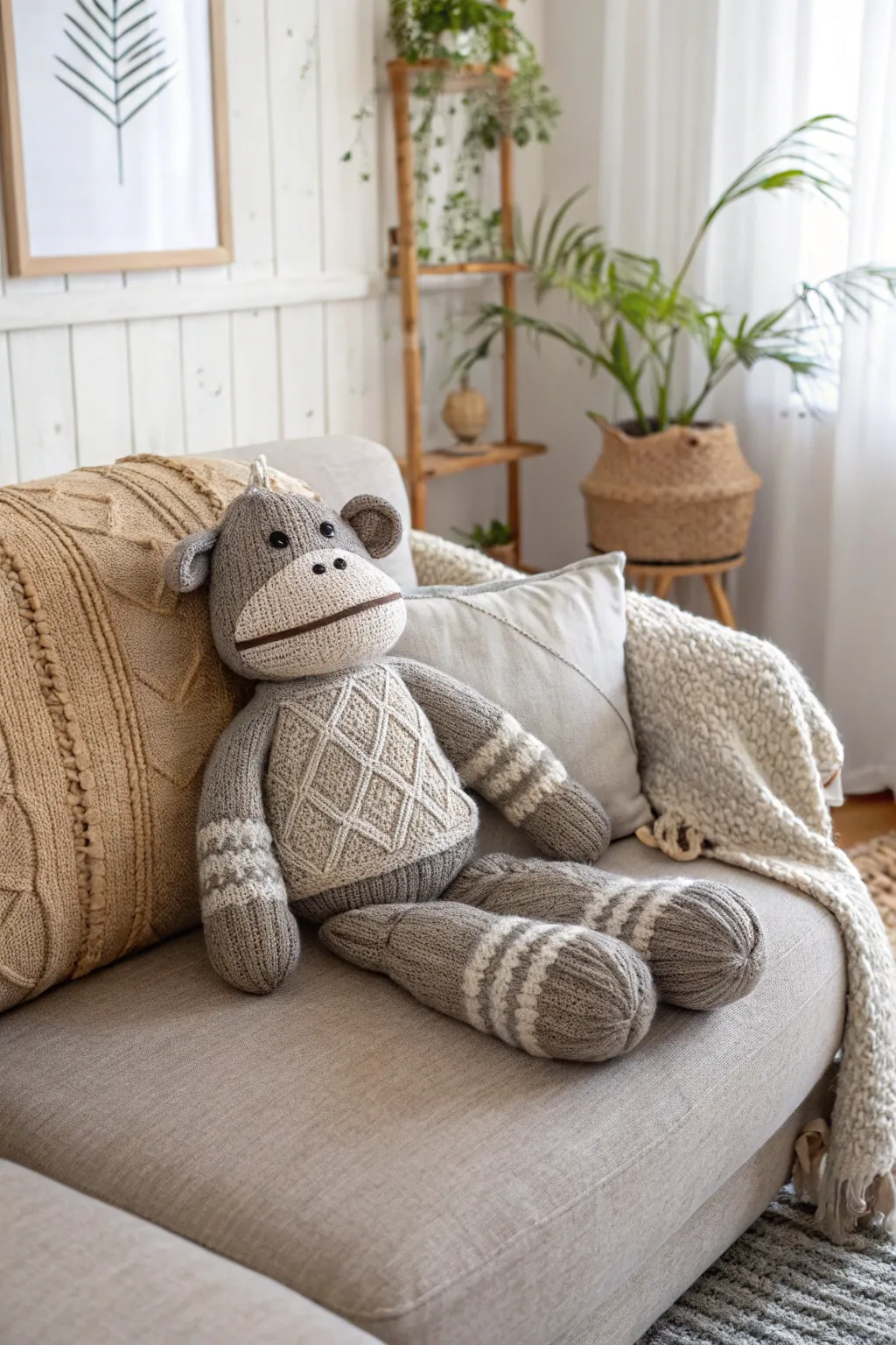 Cozy up with this charming sock monkey pillow—perfect for snuggles and style!