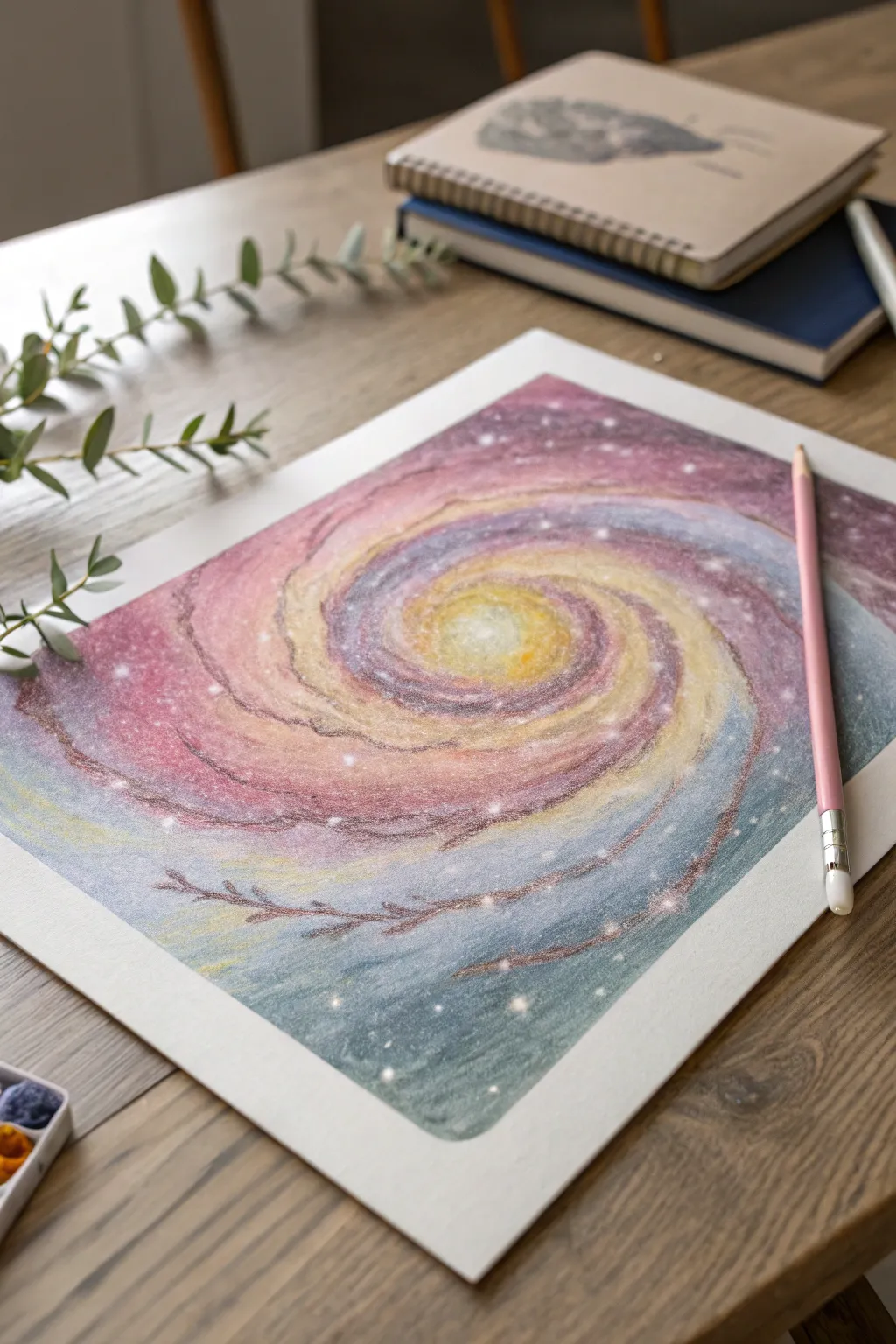 Explore the cosmos with soft pastels: A handcrafted galaxy of imagination and color.
