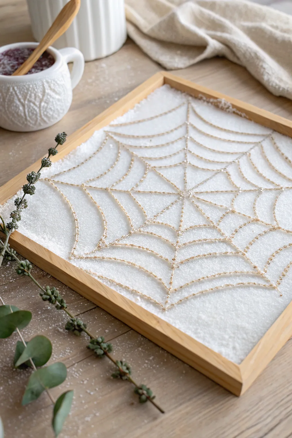 Transform simple salt into a magical spider web masterpiece—perfect for adding a touch of whimsical elegance to your decor!
