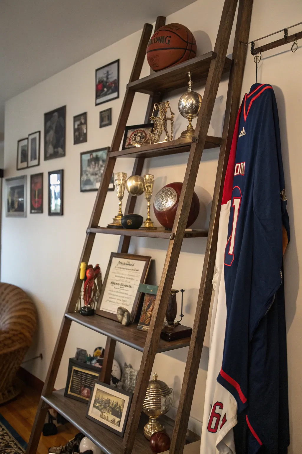 Unique ladder shelf display for sports items