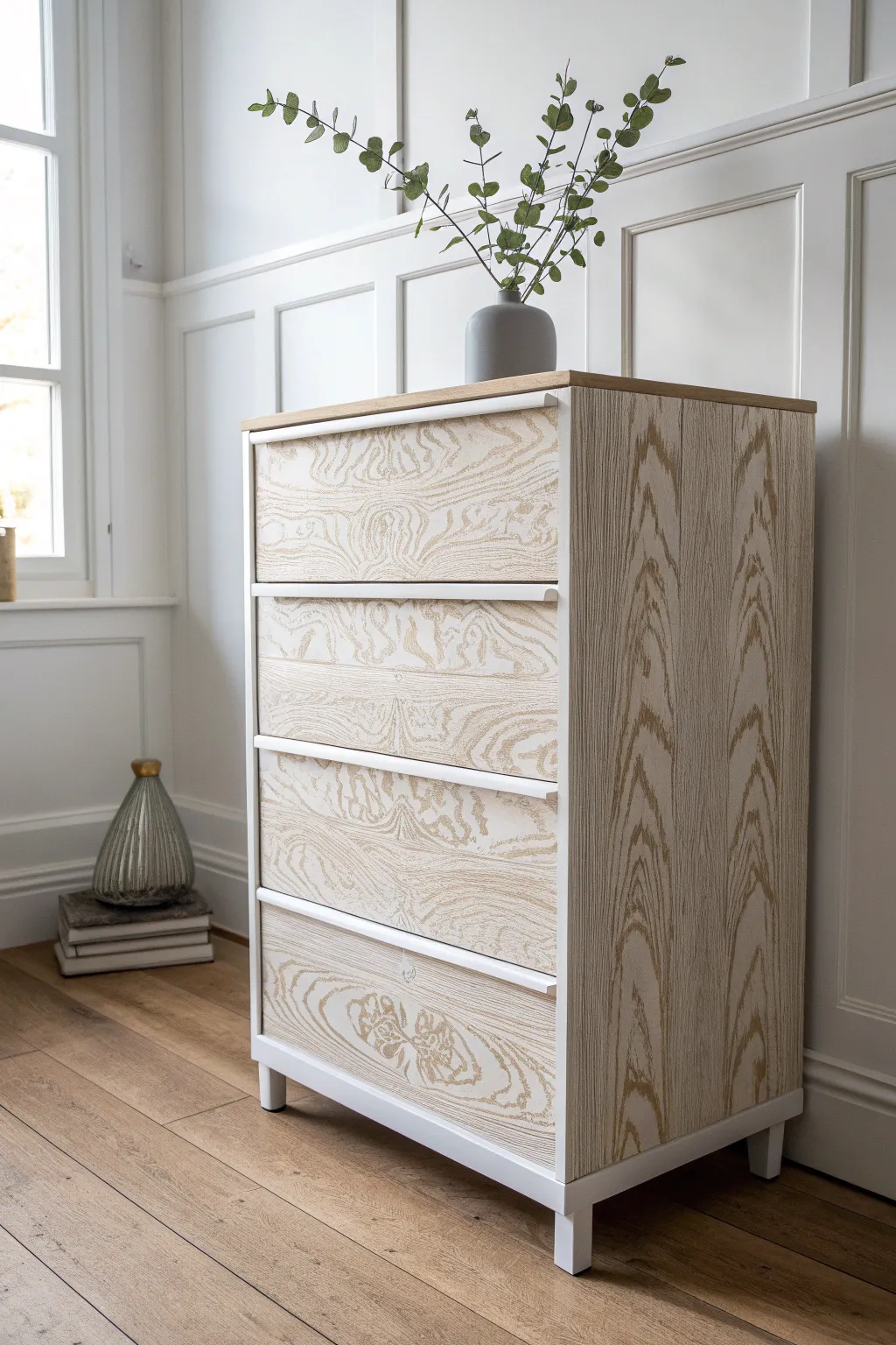 Transform your space with the natural charm of faux wood grain. Simple elegance meets creative craftsmanship in this spray-painted masterpiece.
