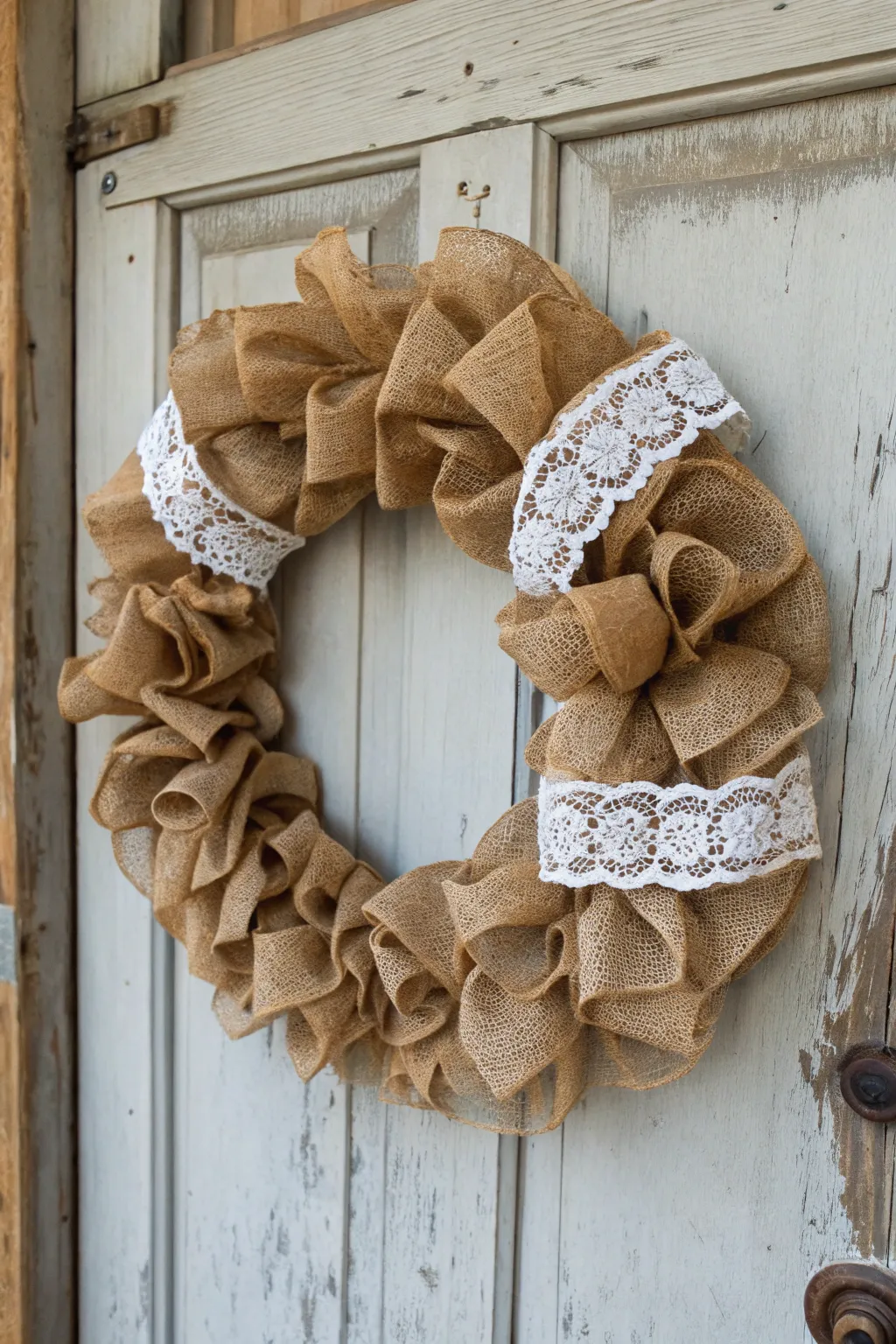 Lace and burlap create a beautifully elegant spring wreath.